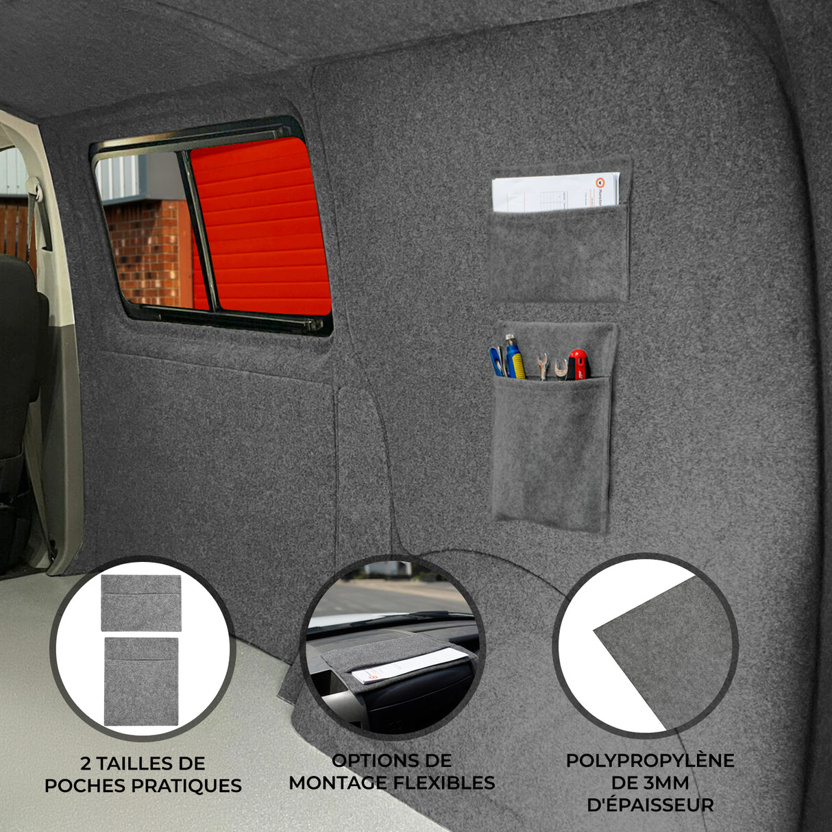 Poches de rangement gris clair en polypropylène de 3 mm, offrant deux tailles et options de montage flexibles pour un espace organisé