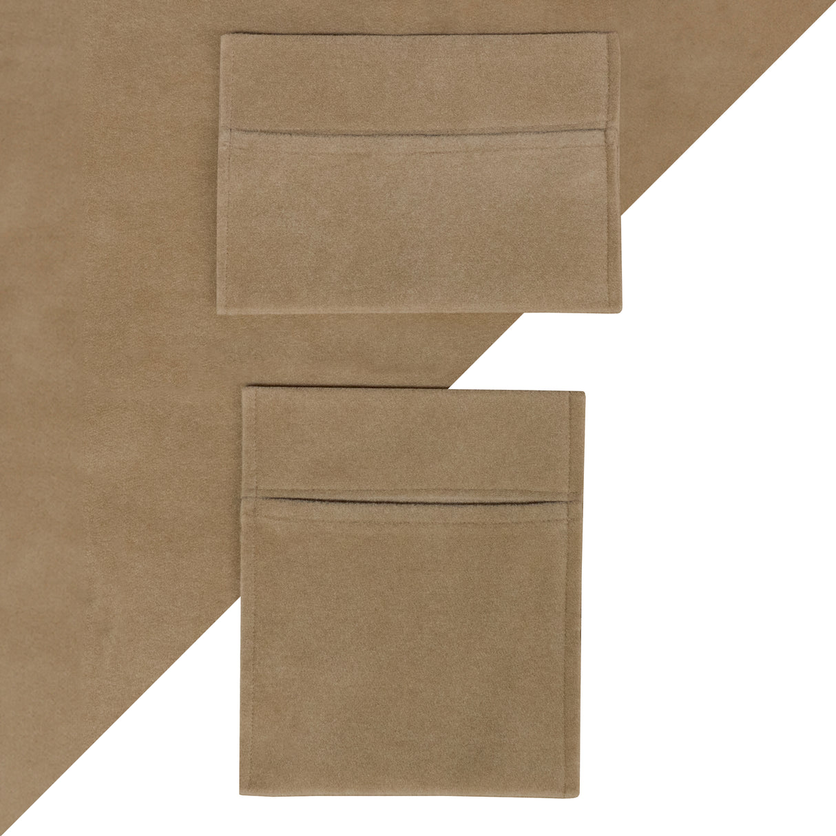 Poches de rangement beige en tissu doux, avec deux compartiments, idéal pour organiser divers objets et accessoires