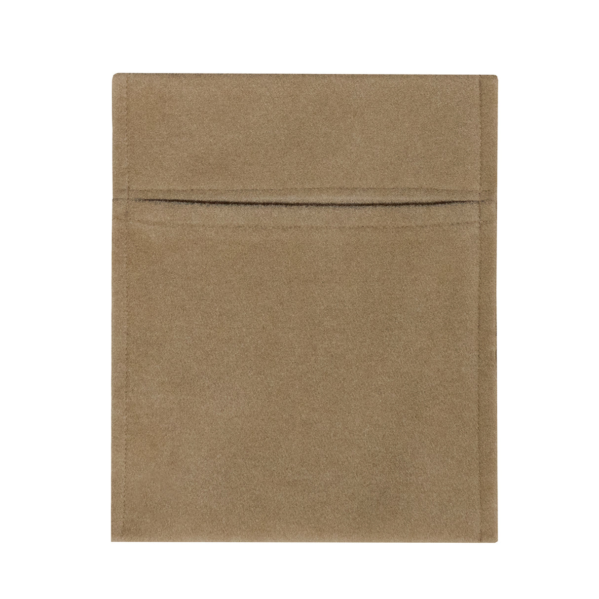 Poche de rangement beige en tissu doux, avec une texture veloutée et une poche zippée pour un accès facile aux objets essentiels