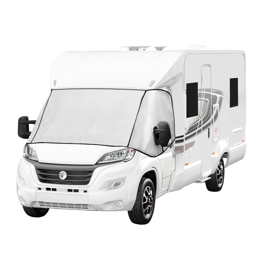Couverture pare-soleil blanche pour camping-car, offrant une protection contre la chaleur et les rayons UV, avec texture lisse et ajustement parfait