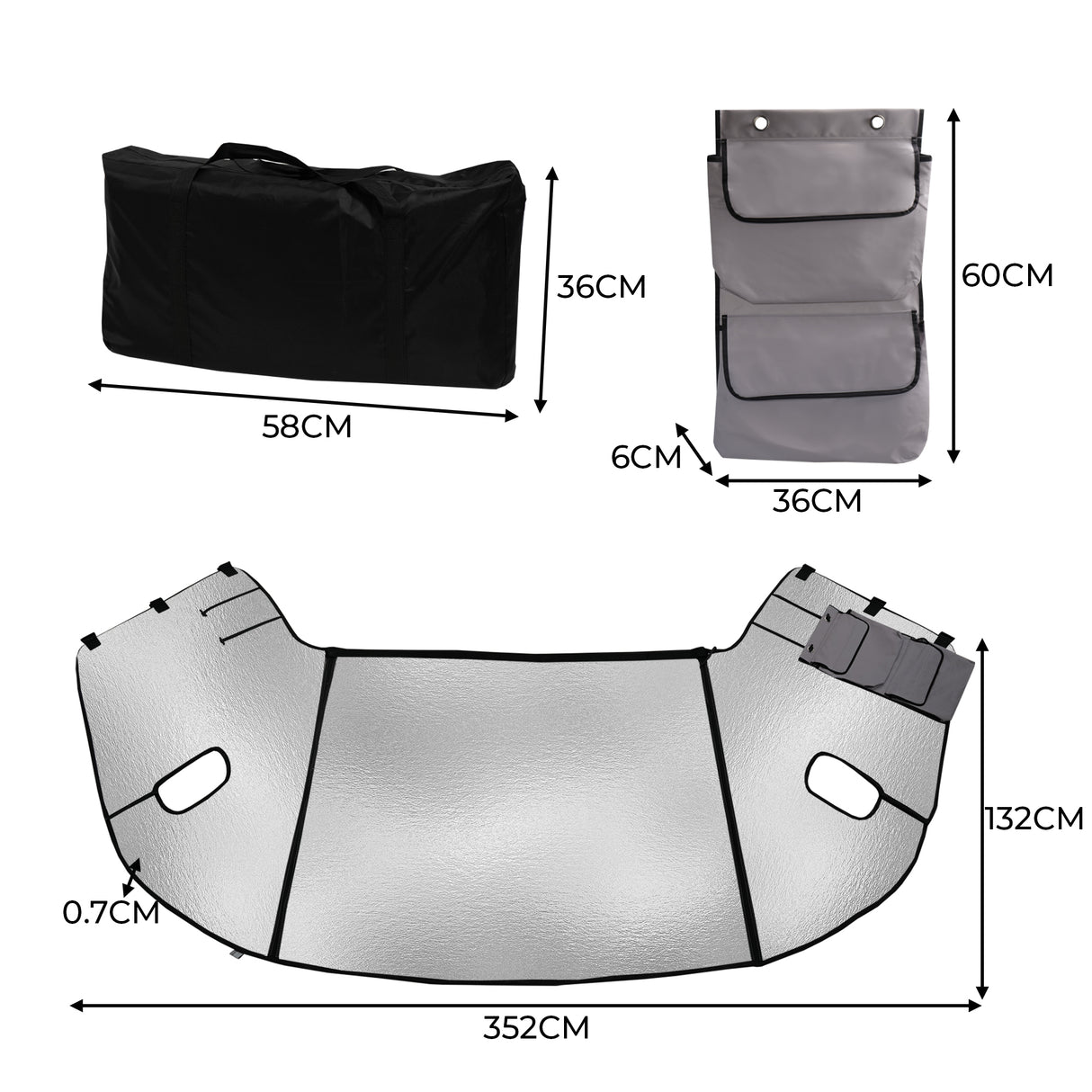 Couverture pare-soleil argentée pour camping-car, dimensions 352x132 cm, avec sac de rangement noir et poches grises pour accessoires