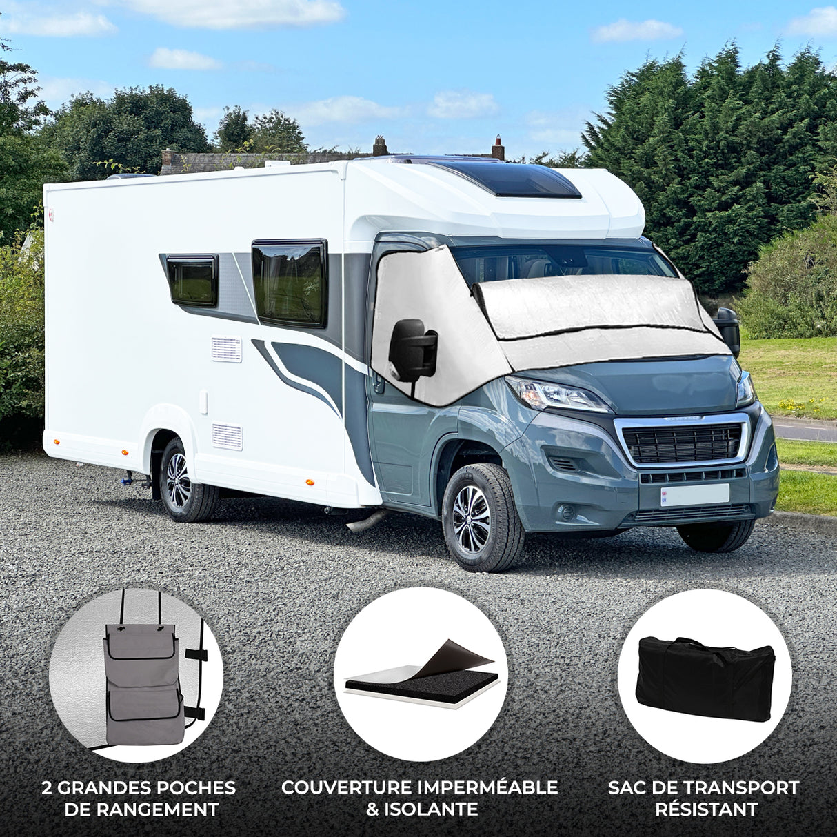 Couverture pare-soleil grise et isolante pour camping-car, avec poches de rangement, offrant protection et confort en extérieur