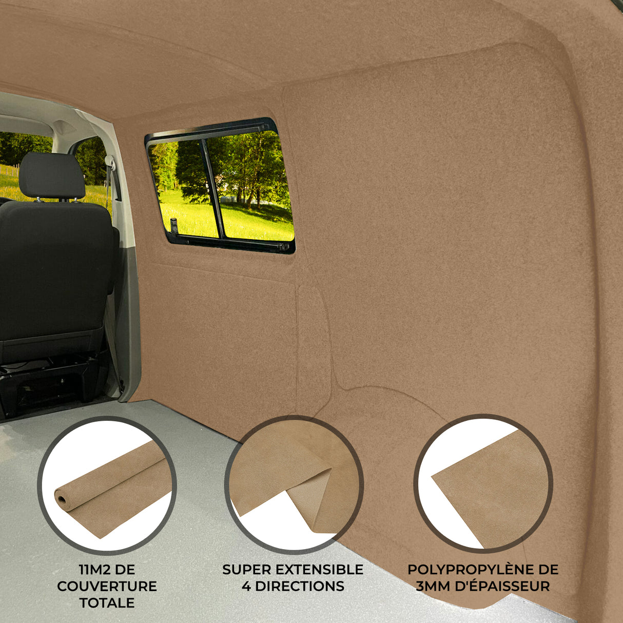 Doublure intérieure beige pour véhicule utilitaire, en polypropylène de 3 mm d'épaisseur, texture douce et extensible dans toutes les directions