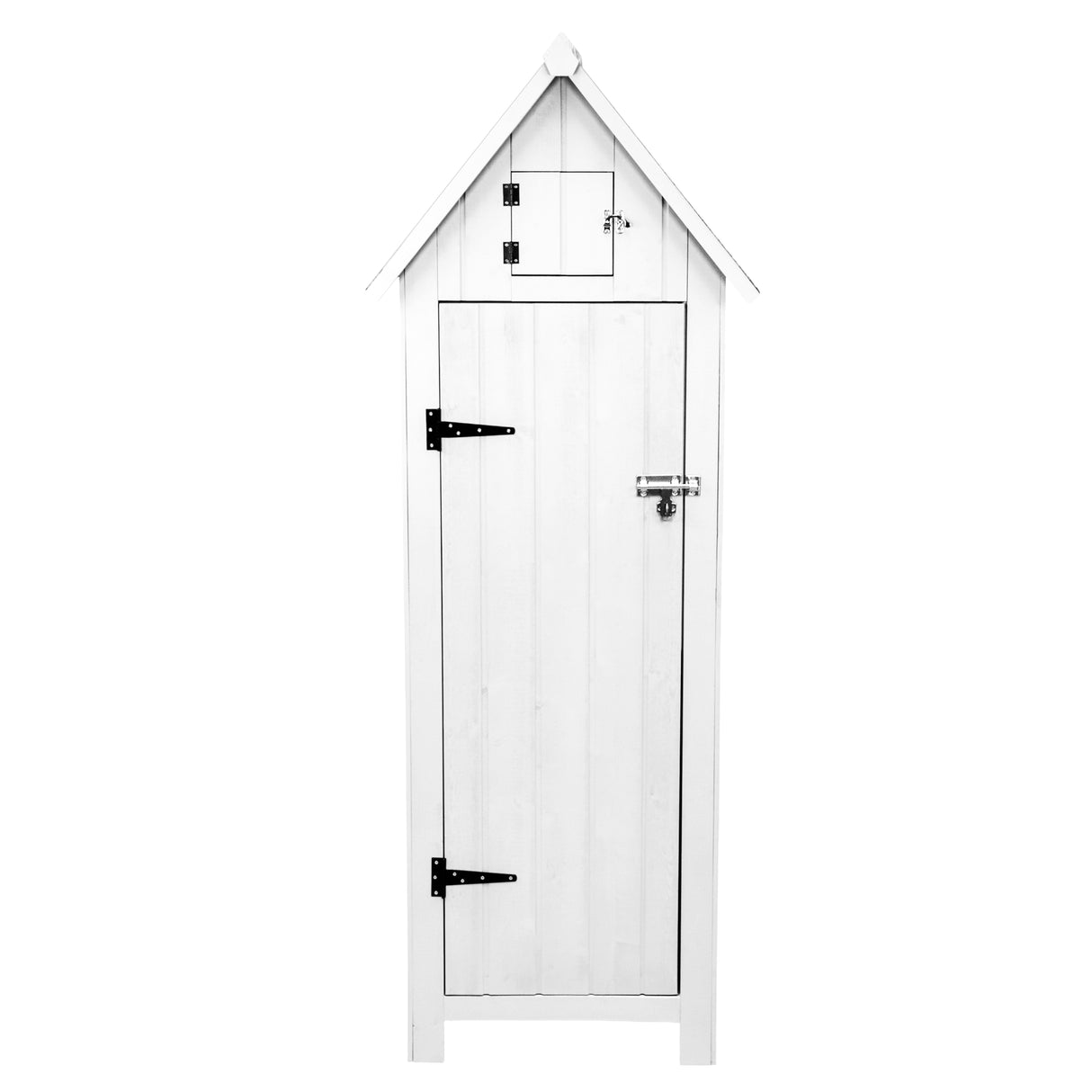 Abri de jardin en bois blanc avec toit en pente, porte en bois, poignées en métal noir et petite fenêtre en haut
