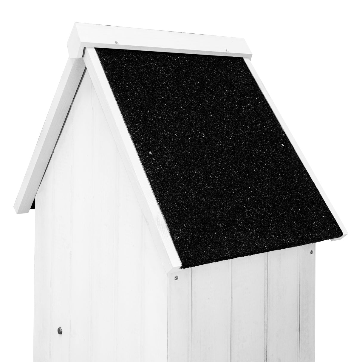 Abri de jardin en bois blanc avec toit noir en matériau texturé, conçu pour un rangement extérieur élégant et durable