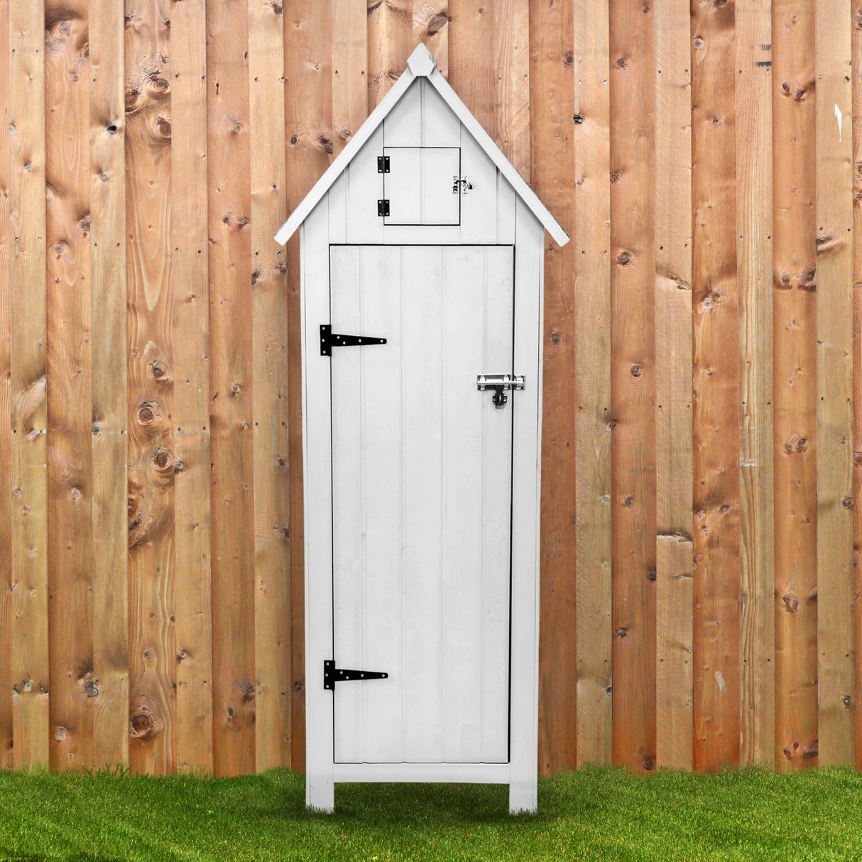 Abri de jardin en bois blanc avec toit en pente, porte en bois, et détails en métal noir, posé sur une pelouse verte devant un mur en bois naturel