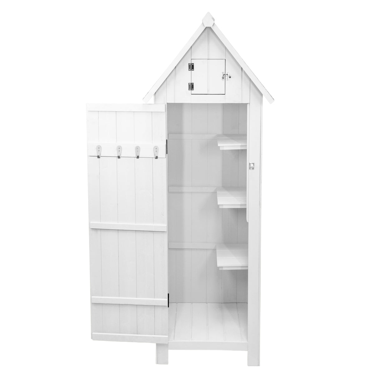 Abri de jardin en bois blanc, avec une porte ouverte, étagères intérieures et un petit compartiment en haut, style cottage élégant