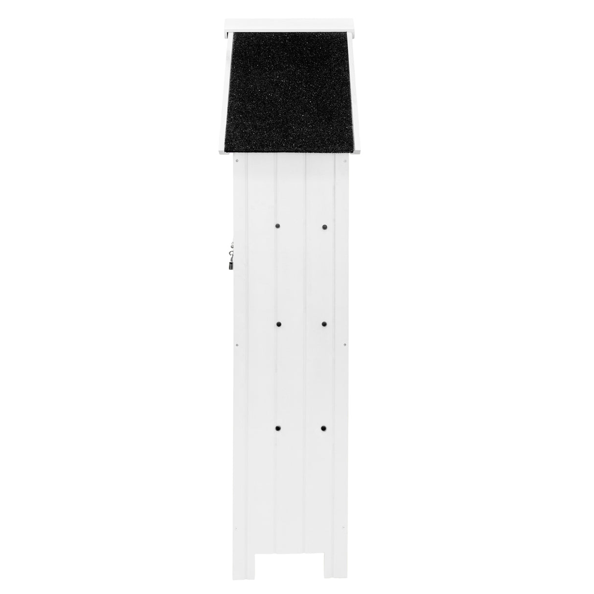 Abri de jardin en bois blanc avec toit noir, finition lisse et design vertical, idéal pour le rangement extérieur et l'organisation