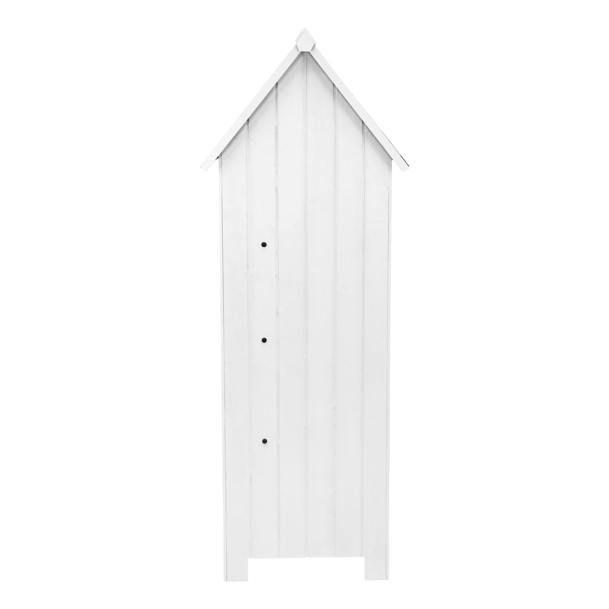 Abri de jardin en bois blanc, avec un toit en pente, des lattes verticales et trois trous de ventilation sur le côté
