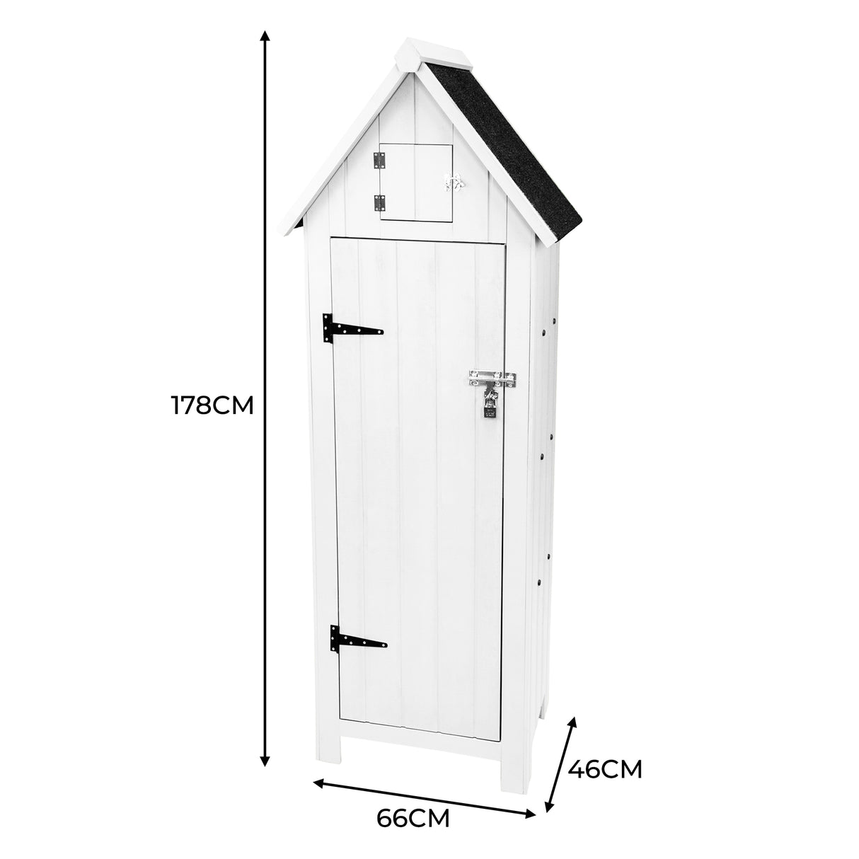 Abri de jardin en bois blanc avec toit en pente, portes en bois, dimensions 178 cm de hauteur, 66 cm de largeur et 46 cm de profondeur