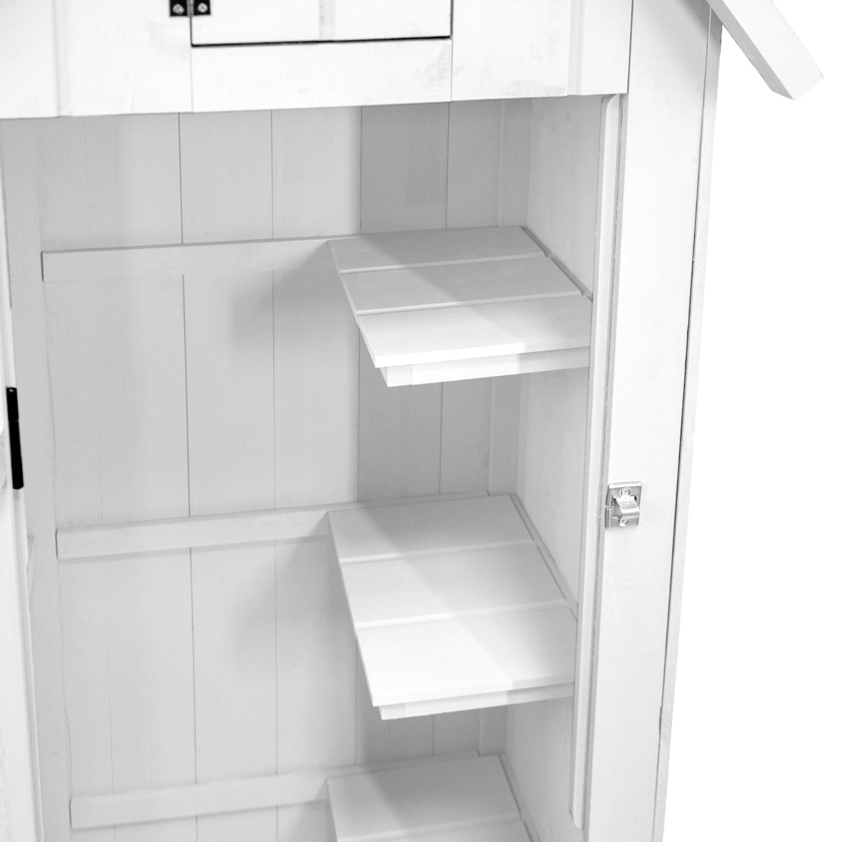 Abri de jardin en bois blanc avec étagères intérieures, finition lisse et moderne, idéal pour le rangement et l'organisation