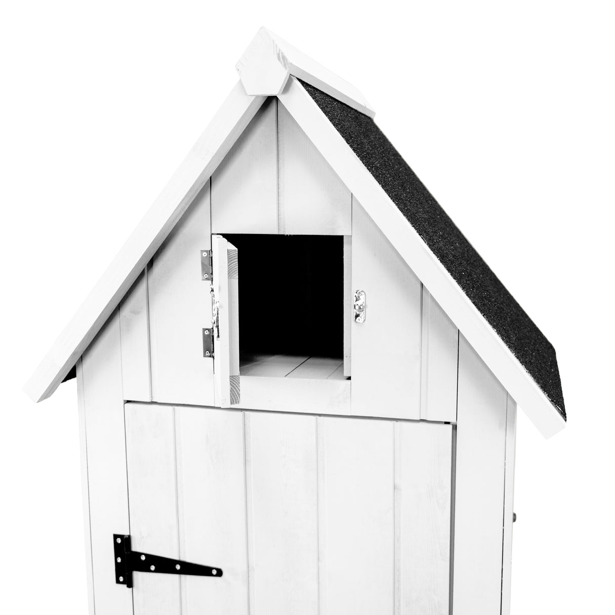 Abri de jardin en bois blanc avec toit noir, porte en bois et fenêtre ouverte, idéal pour le rangement extérieur et le jardinage