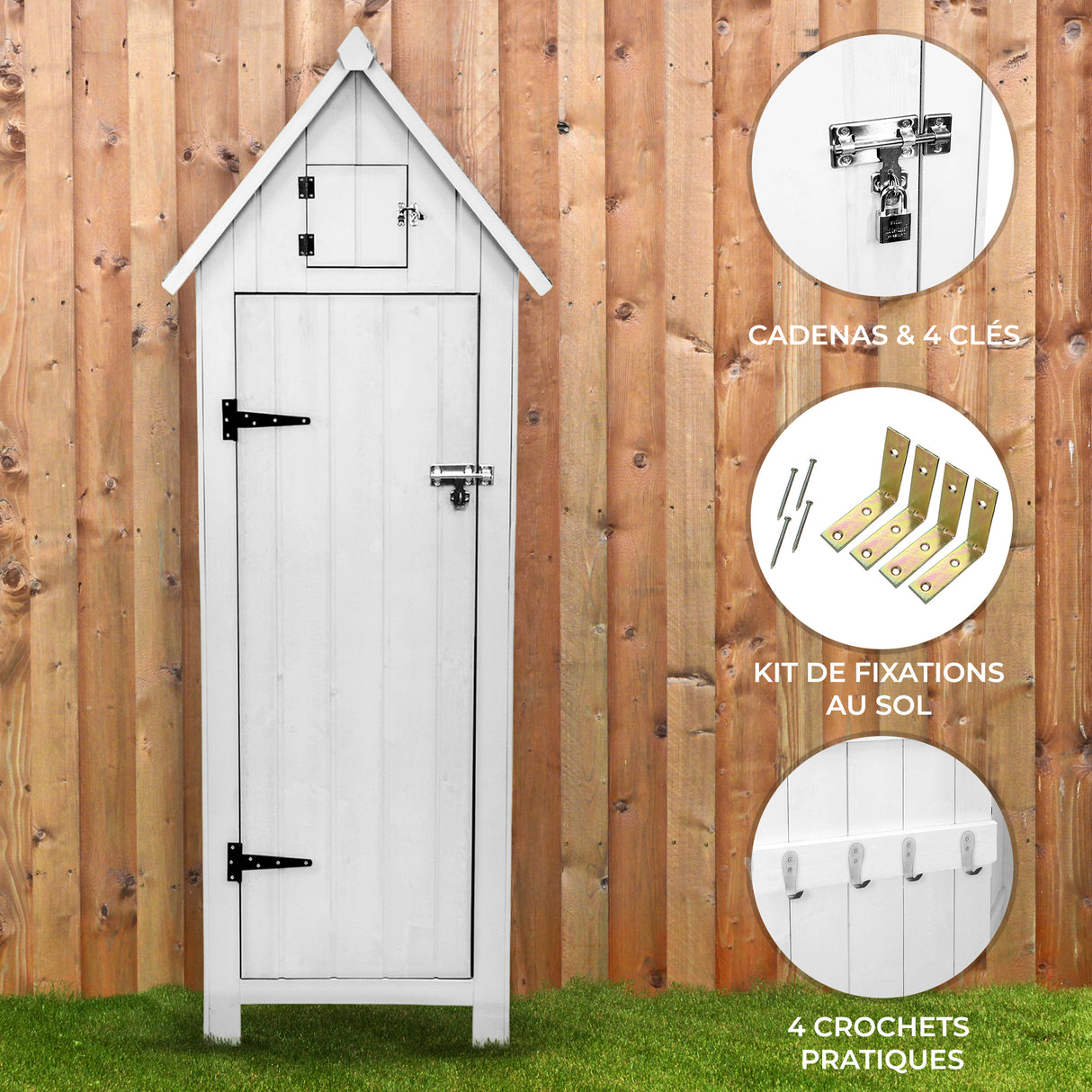 Abri de jardin en bois blanc avec toit en pente, serrure, 4 crochets pratiques et kit de fixations au sol sur fond en bois naturel