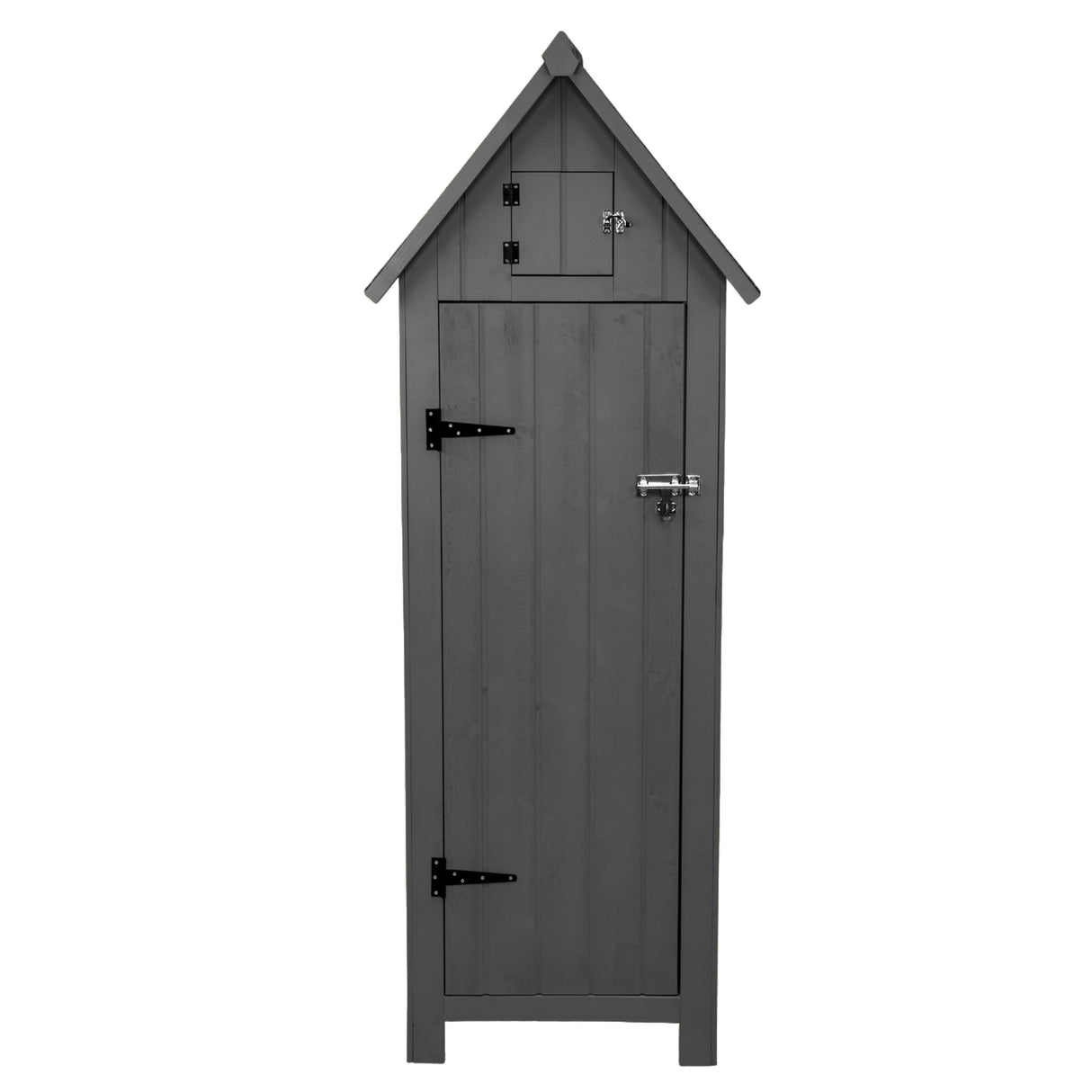 Abri de jardin en bois gris foncé avec toit en pente, portes en bois, et finitions métalliques élégantes pour un style moderne