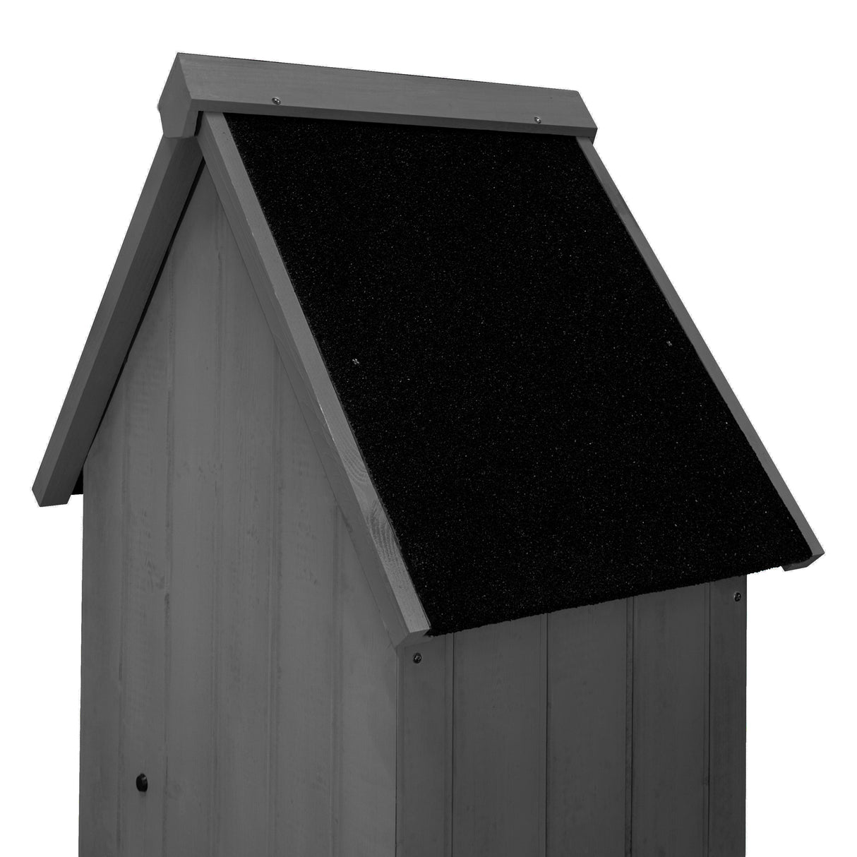 Abri de jardin en bois gris foncé avec toit noir texturé, offrant une structure robuste et élégante pour le rangement extérieur