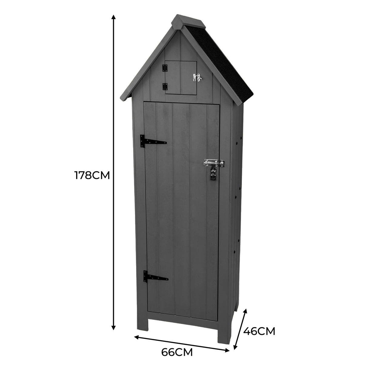 Abri de jardin en bois gris foncé, forme de chalet, avec porte en métal, dimensions 178 cm de hauteur, 66 cm de largeur, 46 cm de profondeur