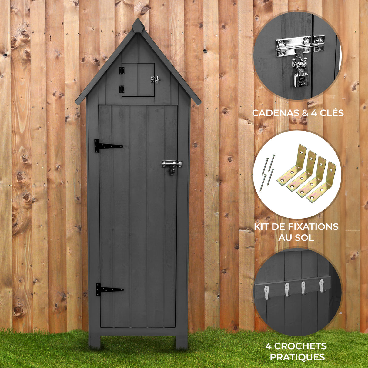 Abri de jardin en bois gris foncé avec toit en pente, portes fermées, et accessoires de fixation visibles sur un fond en bois clair