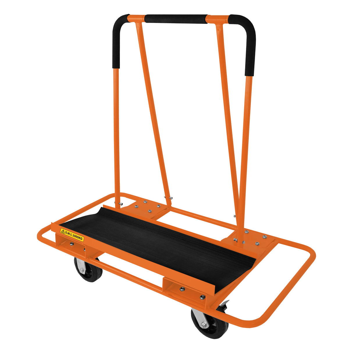 Chariot orange robuste pour plaques de plâtre, avec plateforme en caoutchouc noir, poignées antidérapantes et roues solides