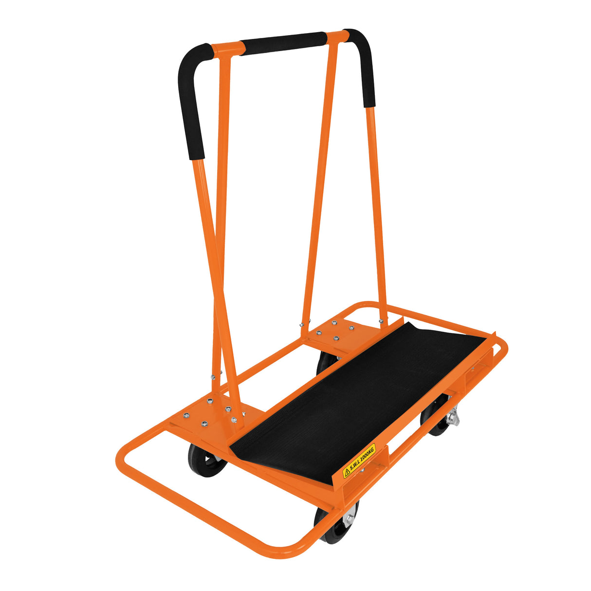 Chariot orange robuste pour plaques de plâtre et tapis en caoutchouc, avec poignées antidérapantes et roulettes pour un transport facile