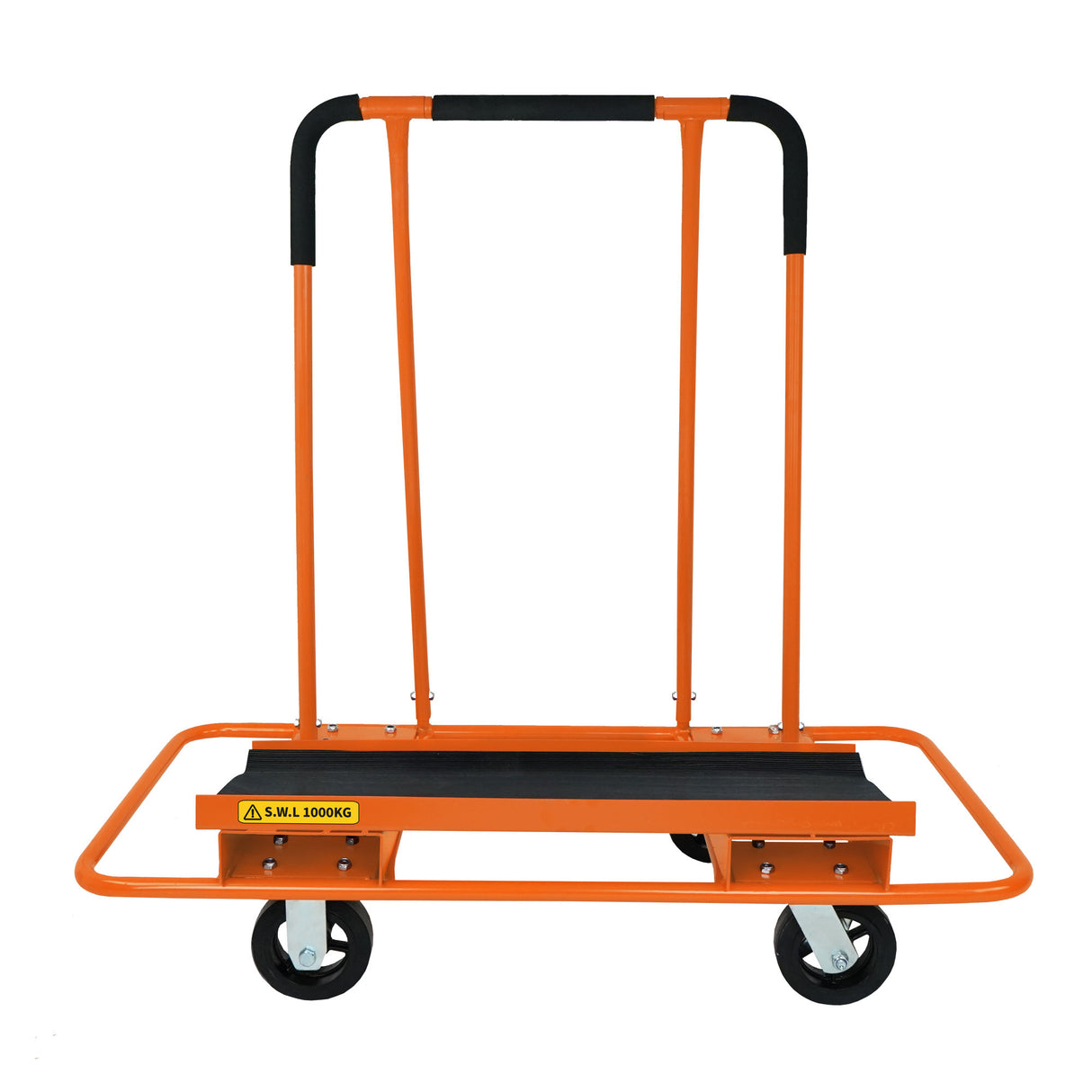 Chariot orange robuste pour plaques de plâtre et tapis en caoutchouc, avec une plateforme noire et des roues pivotantes pour un transport facile