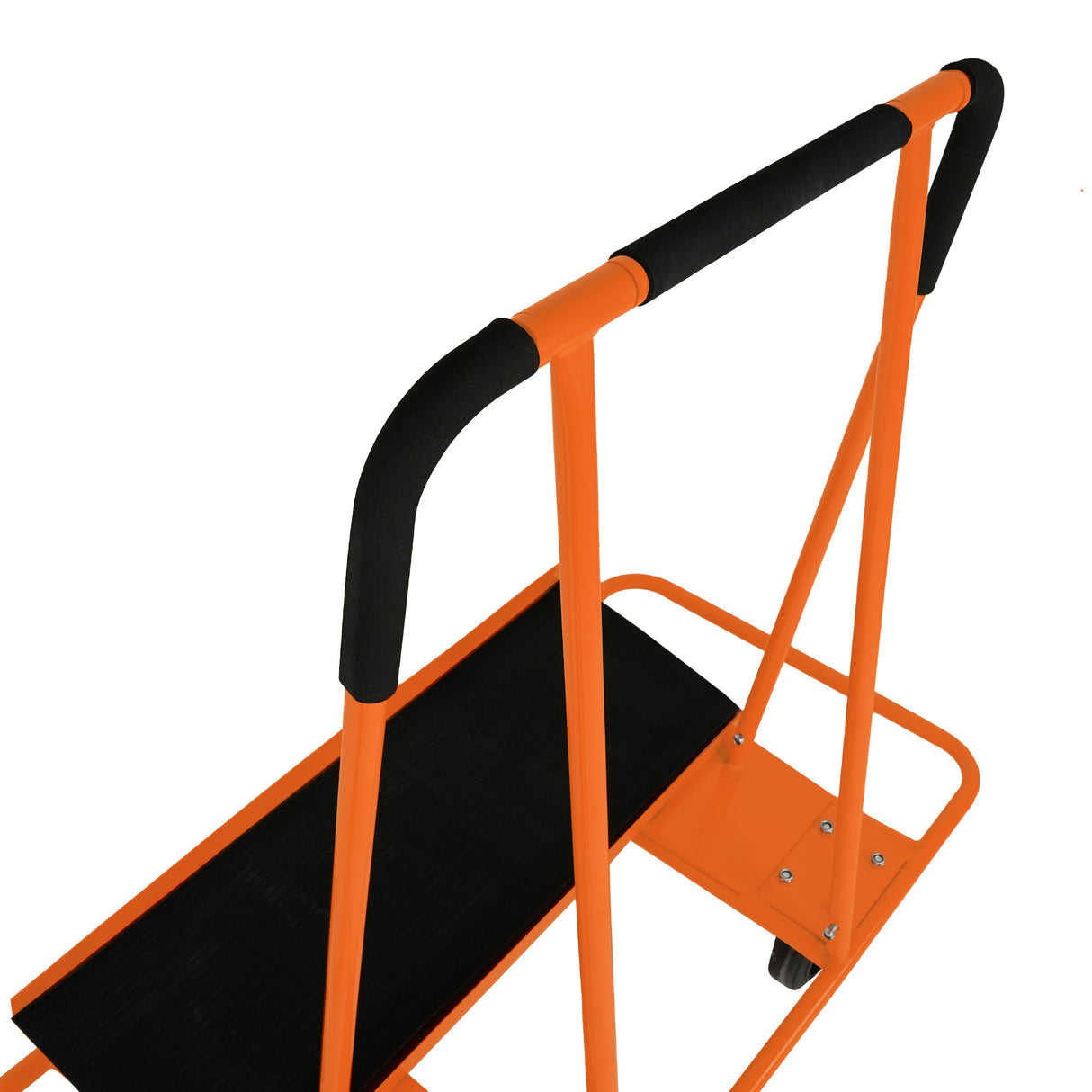 Chariot en métal orange avec poignées en mousse noire, conçu pour transporter des plaques de plâtre et tapis en caoutchouc, surface antidérapante