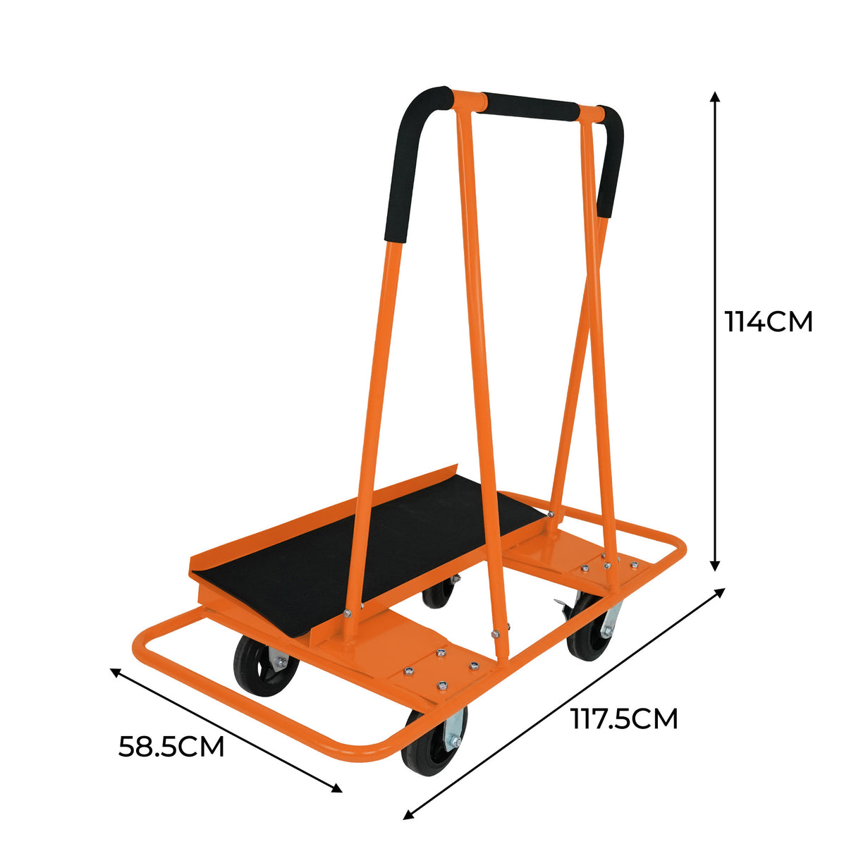 Chariot orange pour plaques de plâtre et tapis en caoutchouc, avec poignées noires, roues robustes et plateforme antidérapante