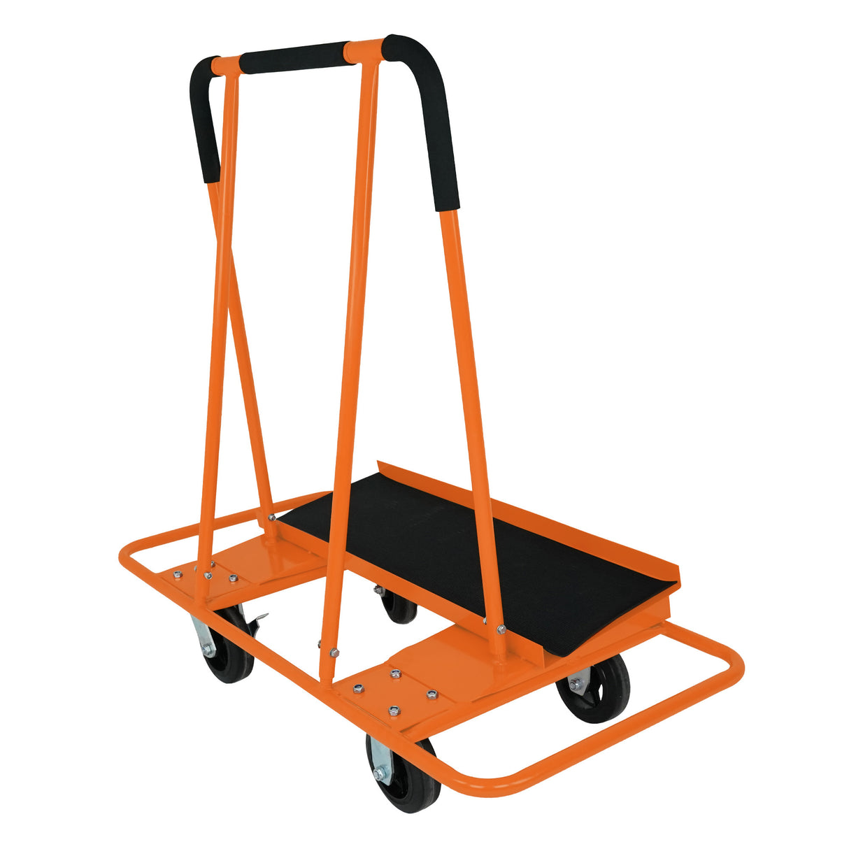 Chariot orange robuste pour plaques de plâtre et tapis en caoutchouc, avec une plateforme noire antidérapante et des roues solides