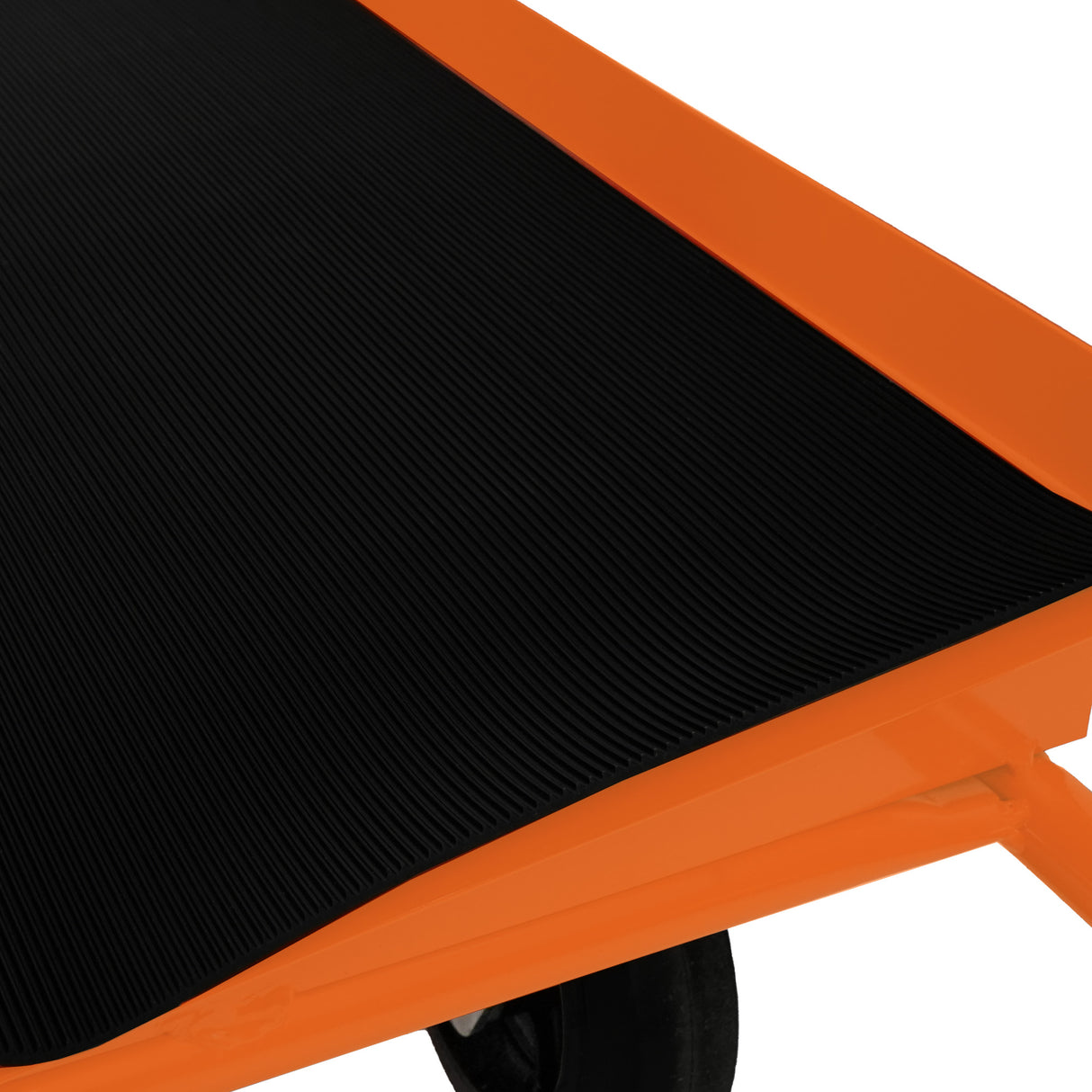 Chariot robuste pour plaques de plâtre avec surface en caoutchouc noir texturé et cadre orange, idéal pour le transport sécurisé