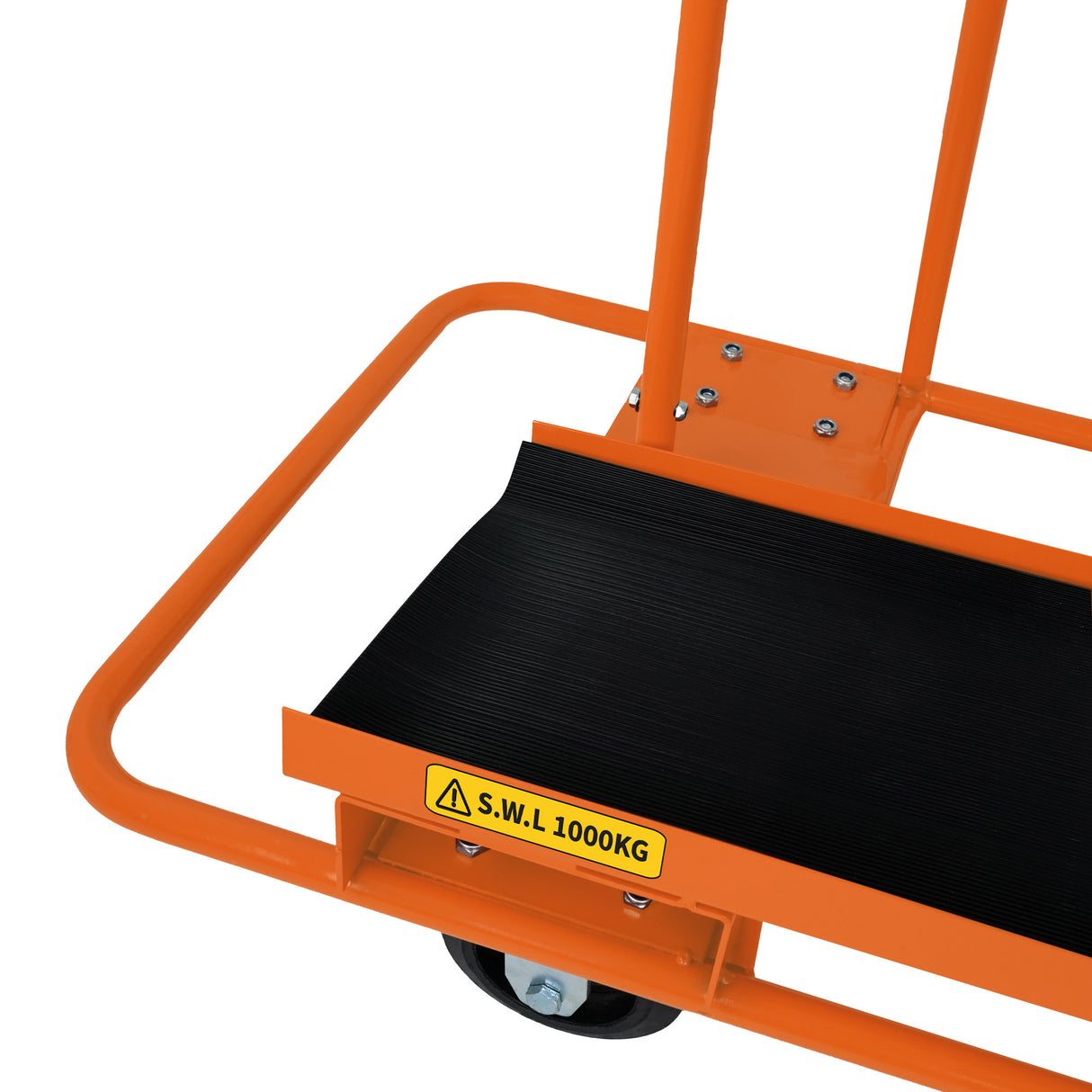 Chariot orange robuste pour plaques de plâtre avec plateforme en caoutchouc noir, capacité de charge de 1000 kg, roues mobiles