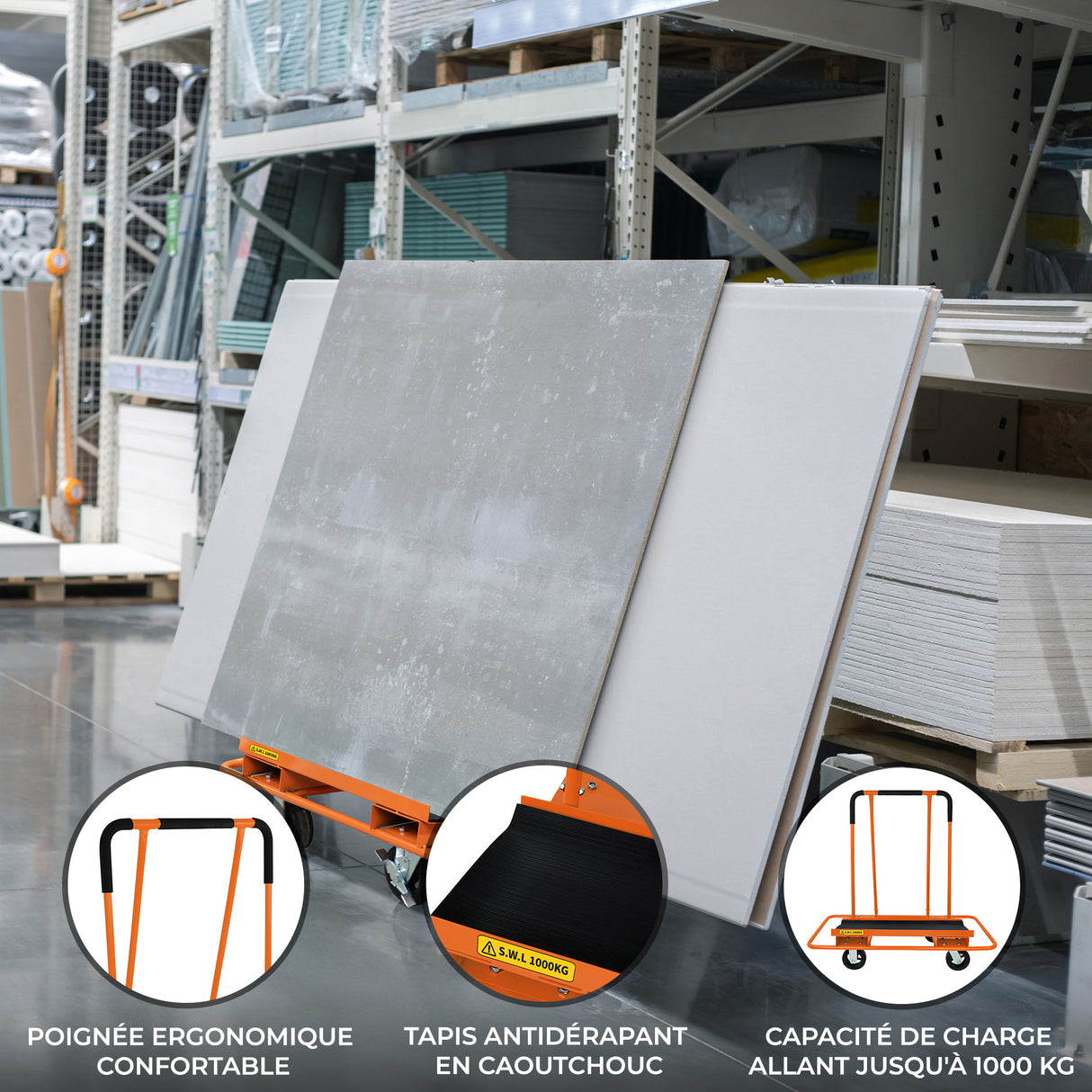 Chariot orange pour plaques de plâtre avec tapis en caoutchouc noir, poignée ergonomique, capacité de charge jusqu'à 1000 kg
