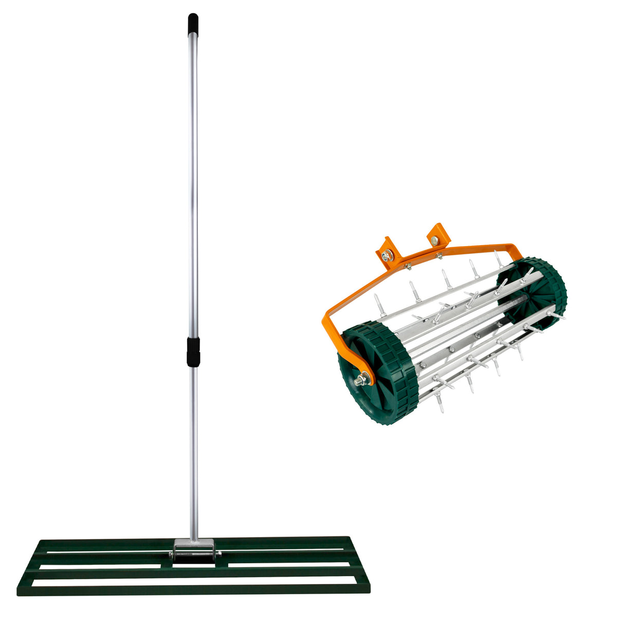 Ensemble scarificateur et niveleur de pelouse de 100 cm, couleur verte, avec rouleau en métal et poignée en aluminium, conçu pour l'entretien du jardin