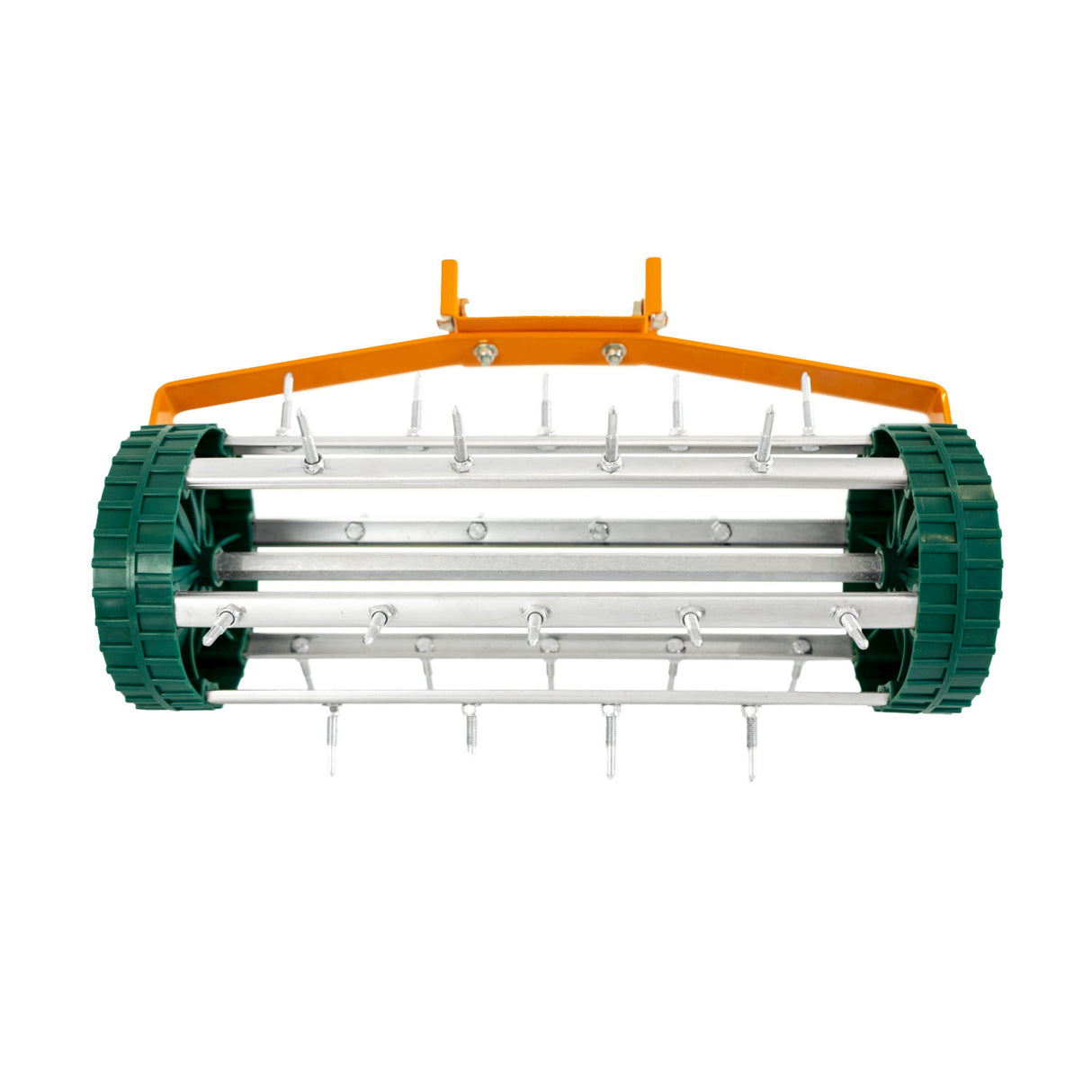 Scarificateur et niveleur de pelouse de 100 cm, vert, avec rouleaux en métal et dents en acier, conçu pour aérer et niveler le sol