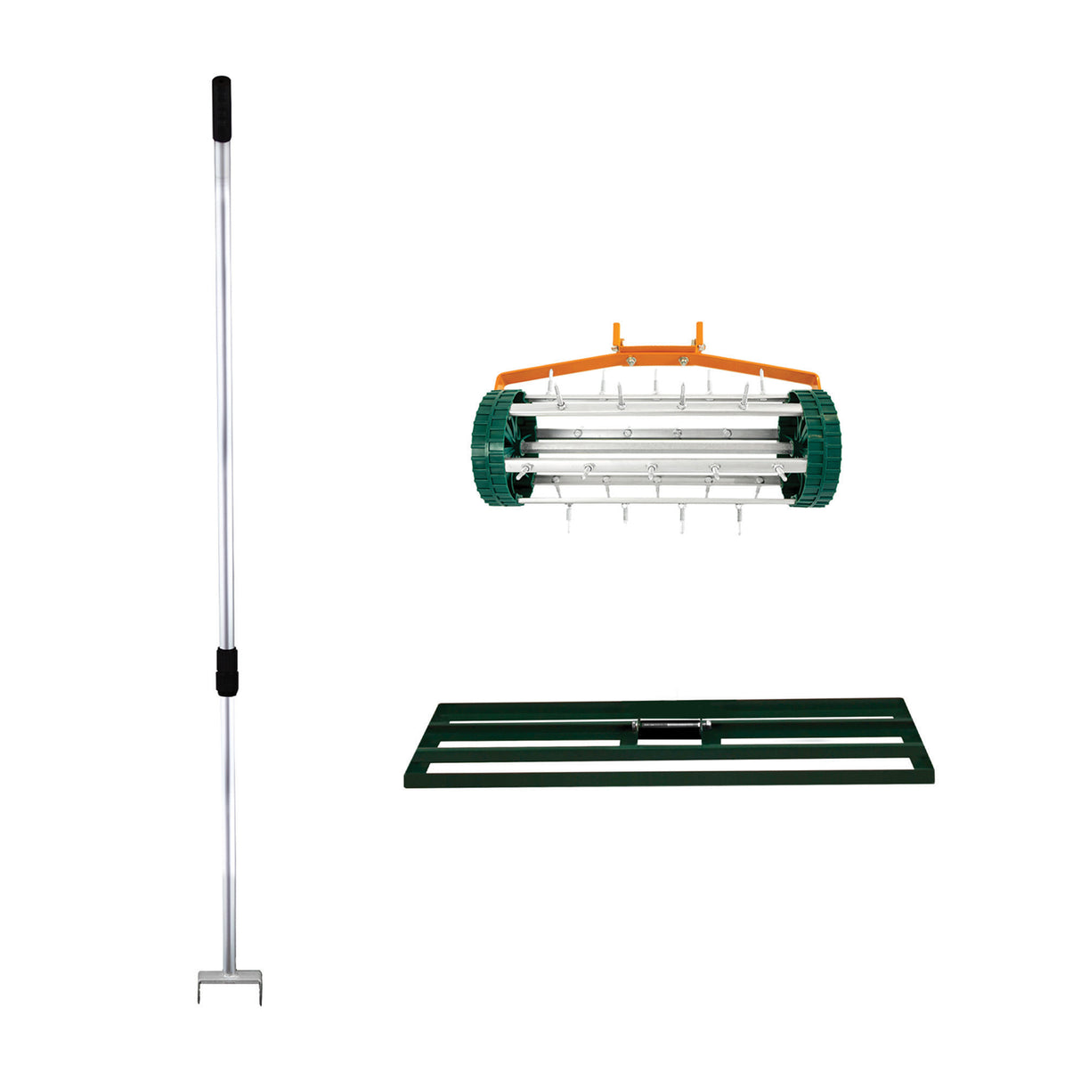 Ensemble 2-en-1 scarificateur et niveleur de pelouse de 100 cm, avec tige en métal argenté et rouleau vert en plastique robuste