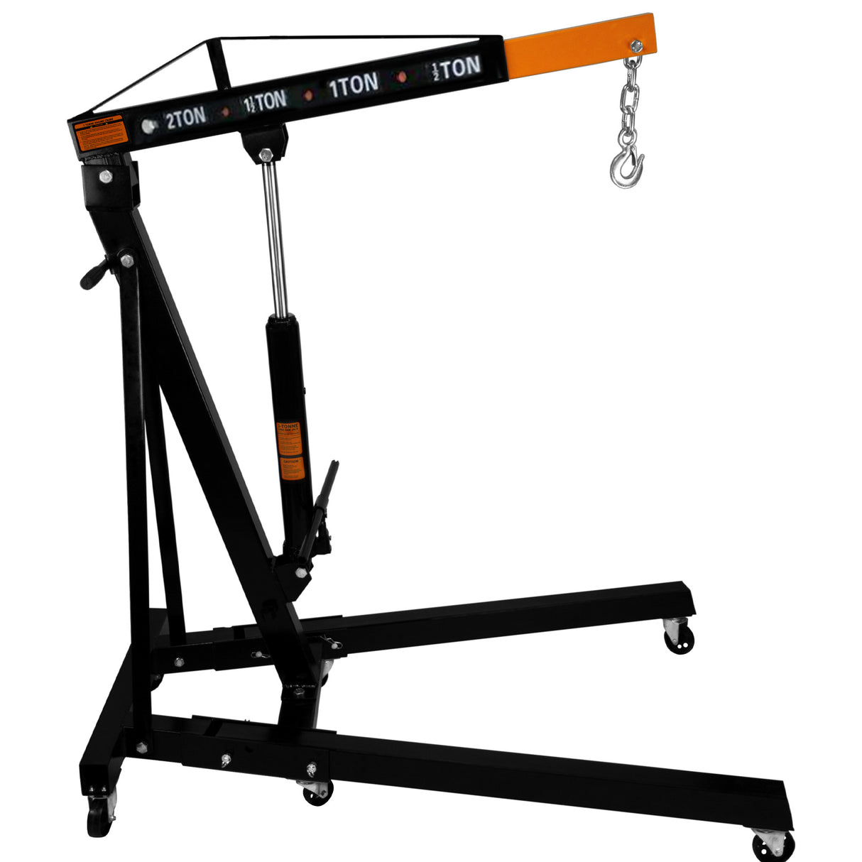 Grue hydraulique T-MECH de 2 tonnes, structure noire robuste avec bras ajustable et roulettes pour un déplacement facile