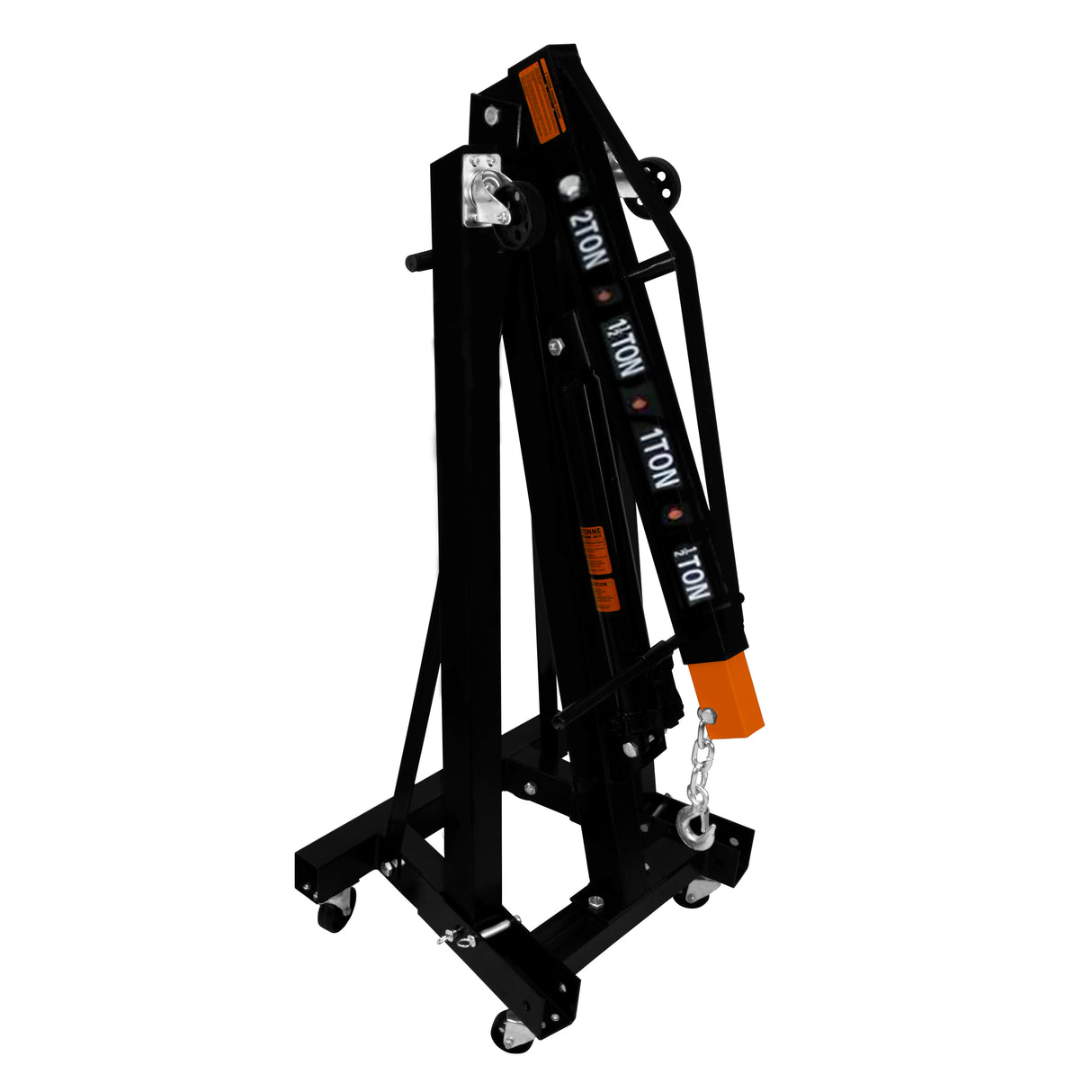 Grue hydraulique T-MECH de 2 tonnes, finition noire, avec roulettes, bras articulé et chaîne pour levage, conçue pour un usage professionnel
