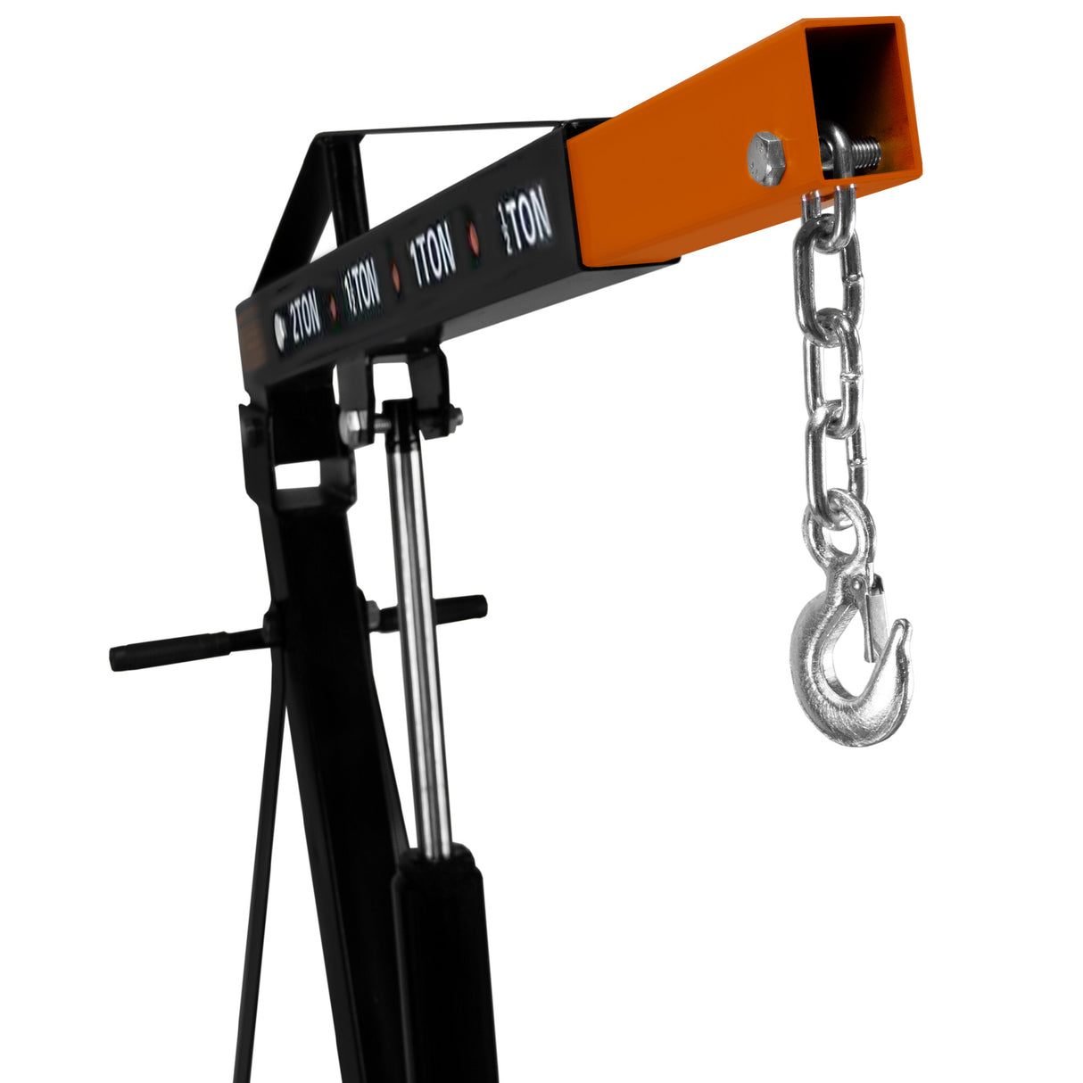 Grue hydraulique T-MECH de 2 tonnes, avec bras noir et orange, crochet métallique brillant et structure robuste en acier
