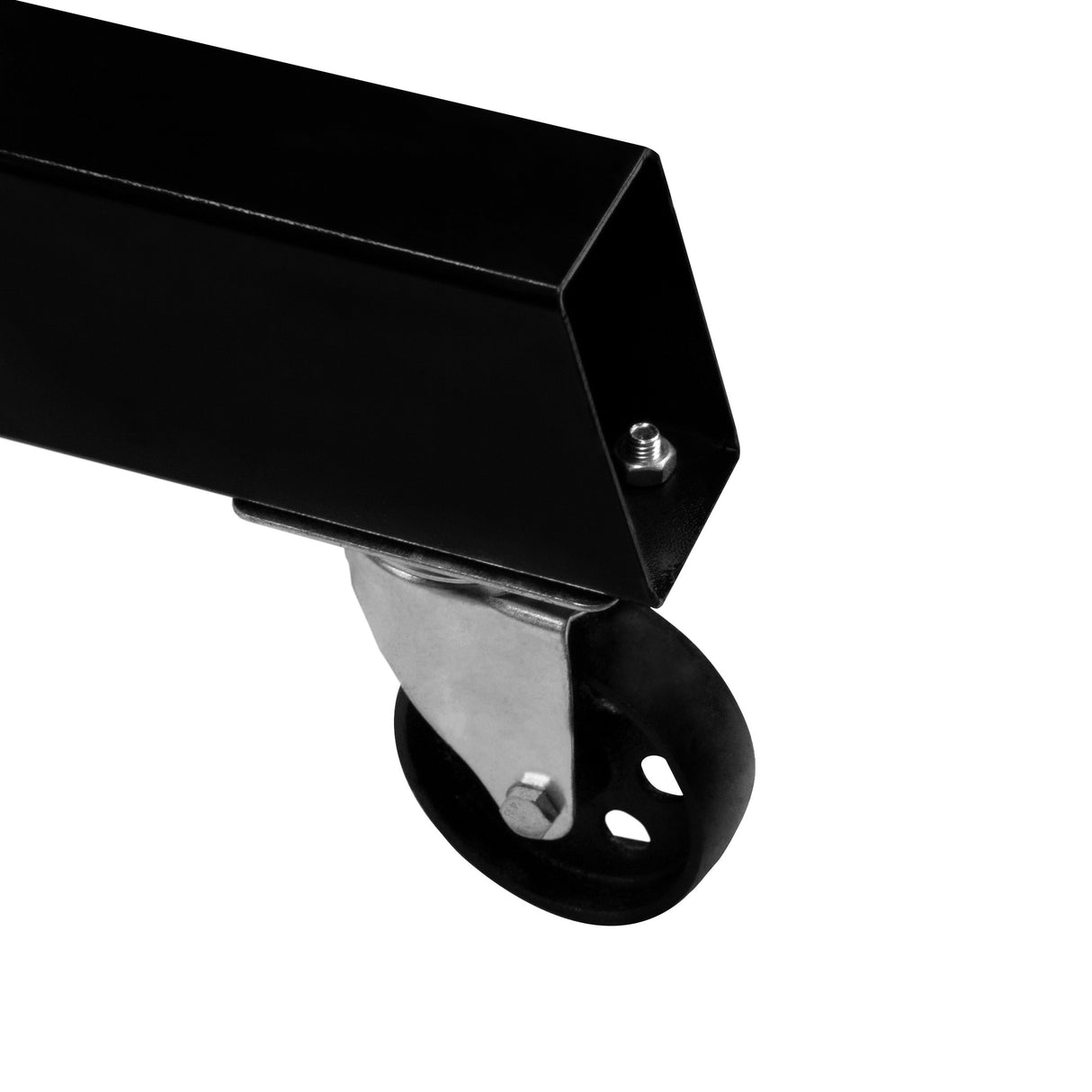 Roulette en métal noir avec finition lisse, conçue pour une grue hydraulique T-MECH de 2 tonnes, offrant robustesse et mobilité