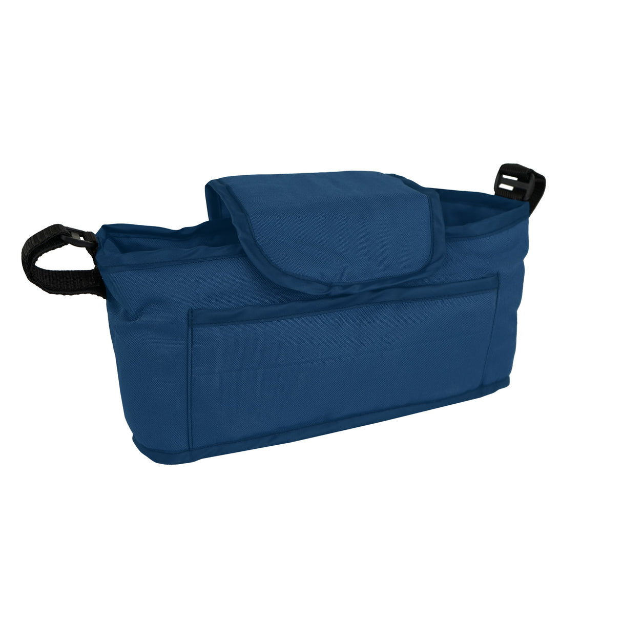 Sac caddy pour poussette d'animal en bleu marine, en tissu résistant, avec une poche avant et une fermeture à rabat pratique