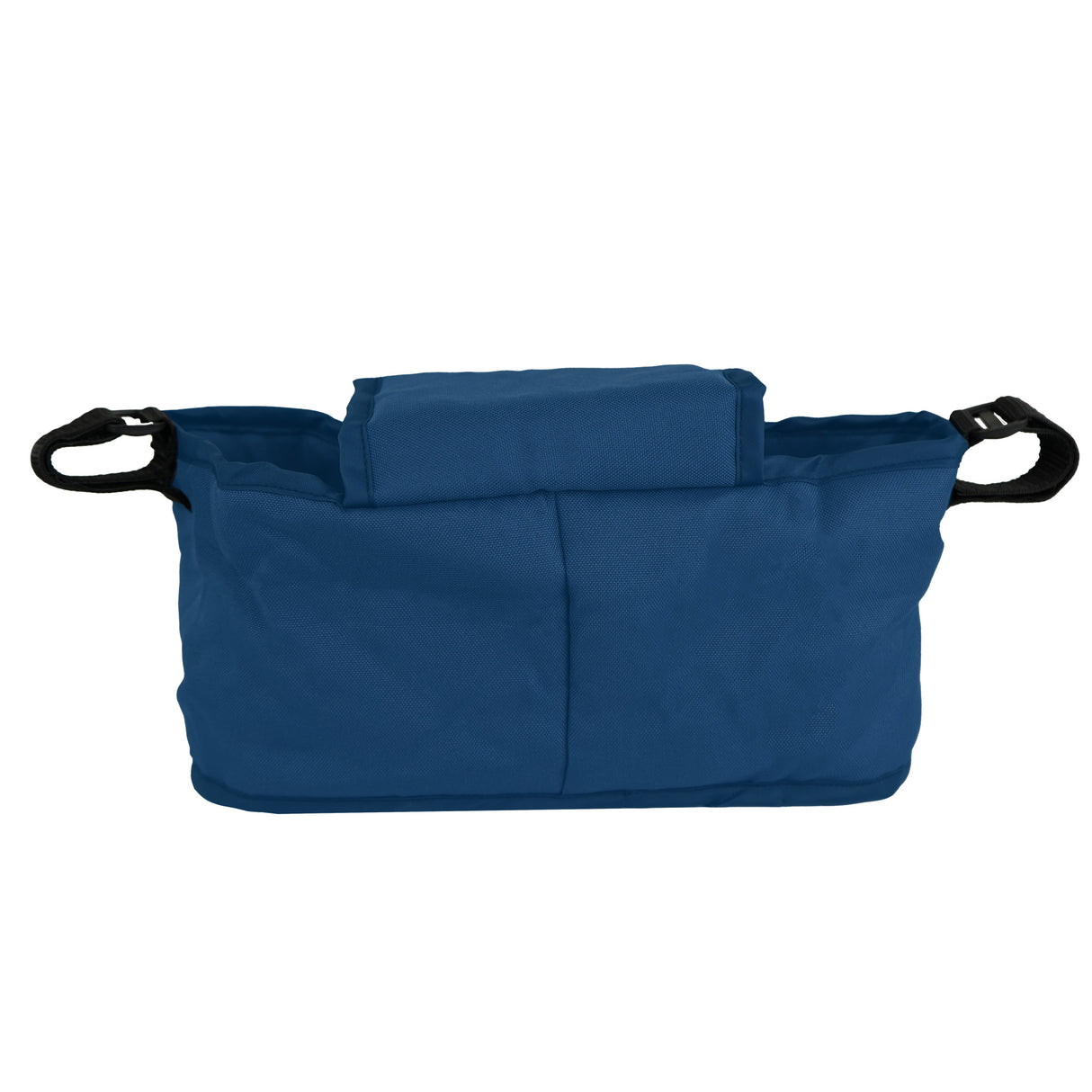 Sac caddy pour poussette d'animal en bleu marine, en tissu résistant, avec deux poignées noires et un compartiment spacieux pour le rangement