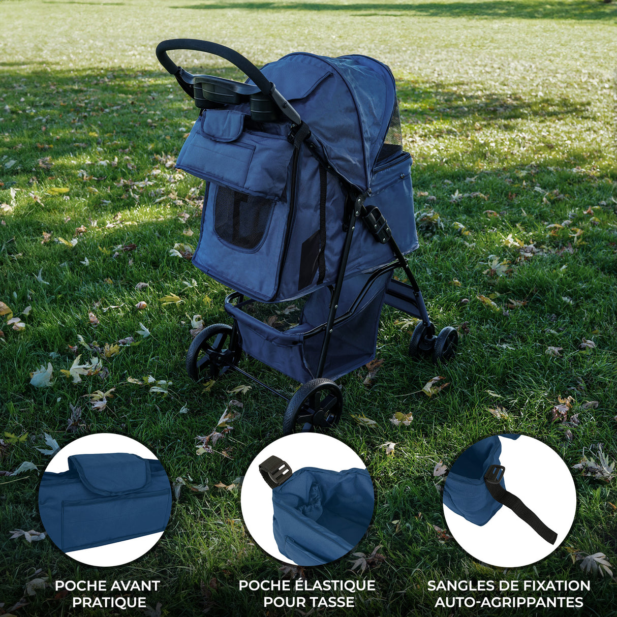 Sac caddy pour poussette d'animal en bleu marine, avec poches pratiques, sangles auto-agrippantes et tissu résistant, idéal pour les sorties