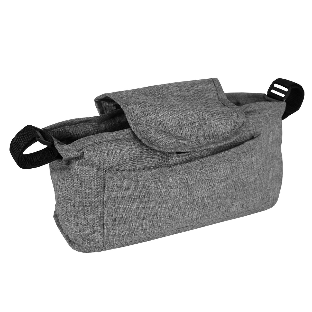 Sac caddy pour poussette en tissu gris tissé, avec une texture douce, une poche avant et des anses noires pour un transport facile