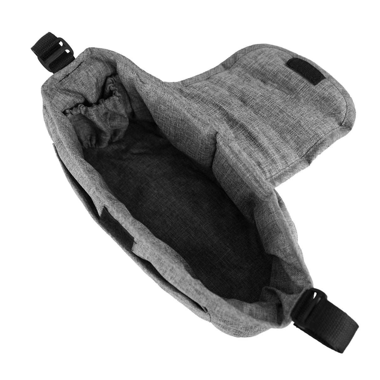 Sac caddy pour poussette d'animal en tissu gris tissé, avec une texture douce et un intérieur spacieux, idéal pour les accessoires d'animaux