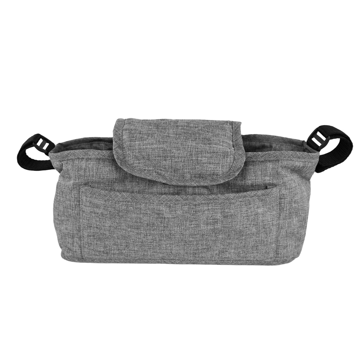 Sac caddy pour poussette d'animal en gris tissé, avec une texture douce, plusieurs poches et une fermeture à rabat pratique
