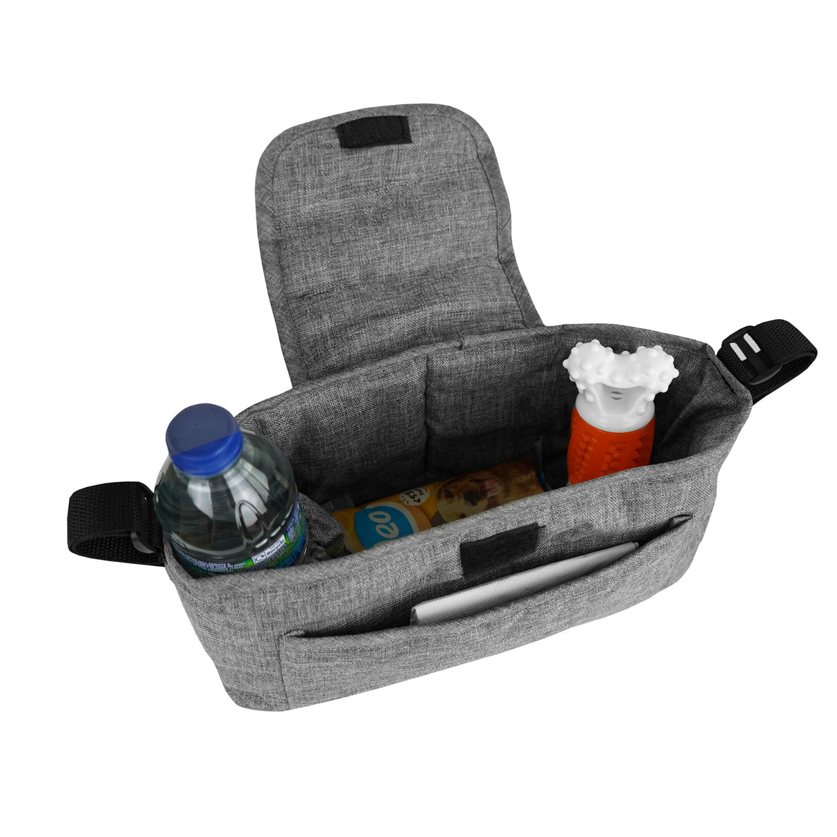 Sac caddy gris tissé pour poussette, avec compartiments pour bouteille, collations et accessoires, texture douce et durable