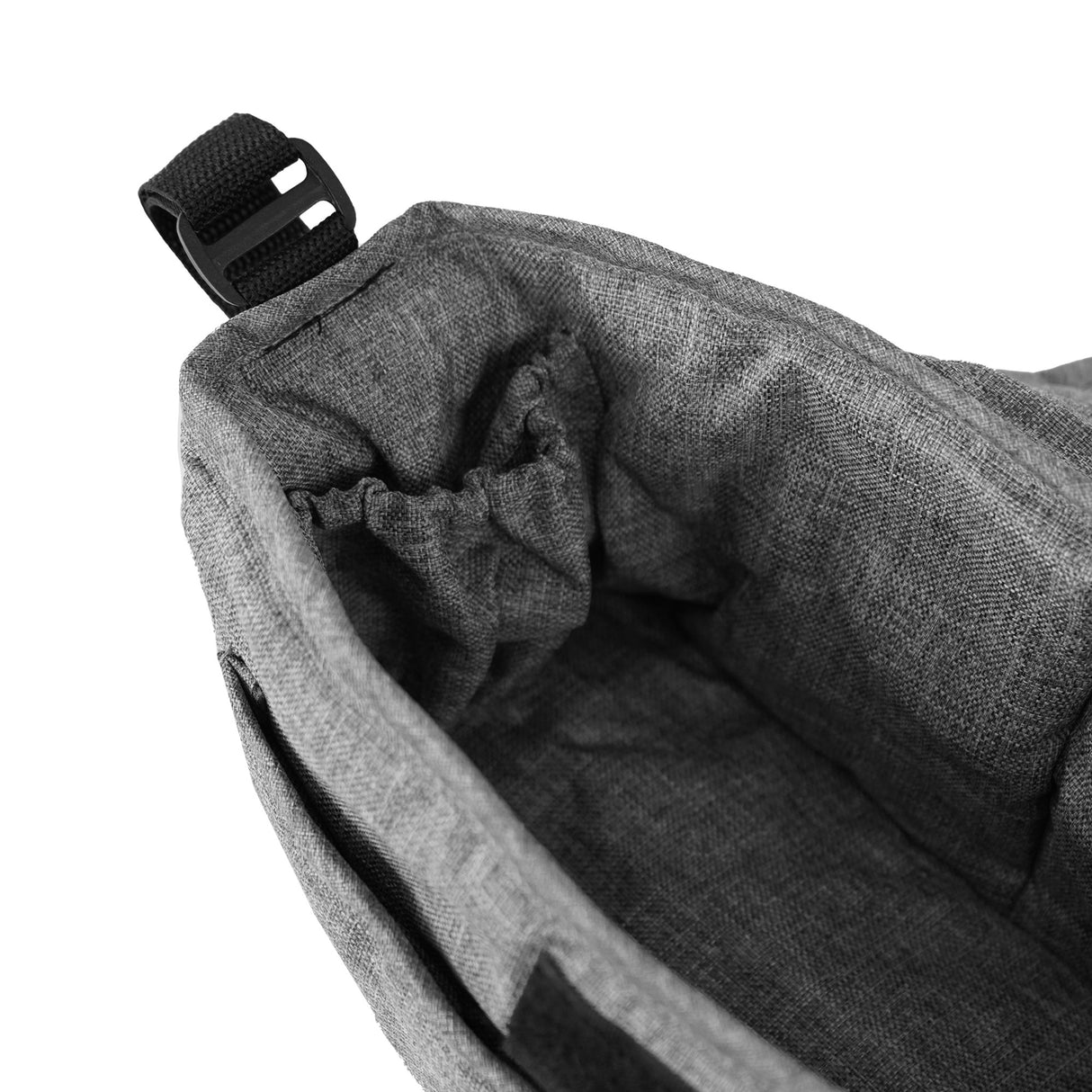 Sac caddy pour poussette d'animal en gris tissé, avec une texture douce et un intérieur spacieux, idéal pour le transport d'accessoires