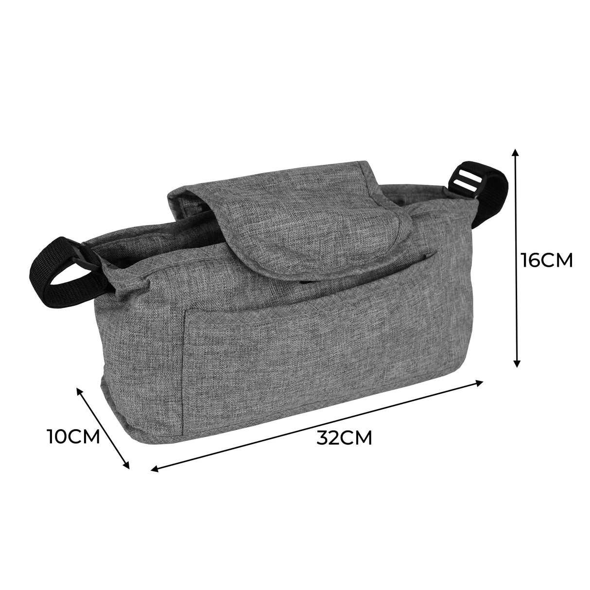 Sac caddy pour poussette d'animal en tissu gris tissé, dimensions 32 cm x 16 cm x 10 cm, avec poches et fermeture à rabat