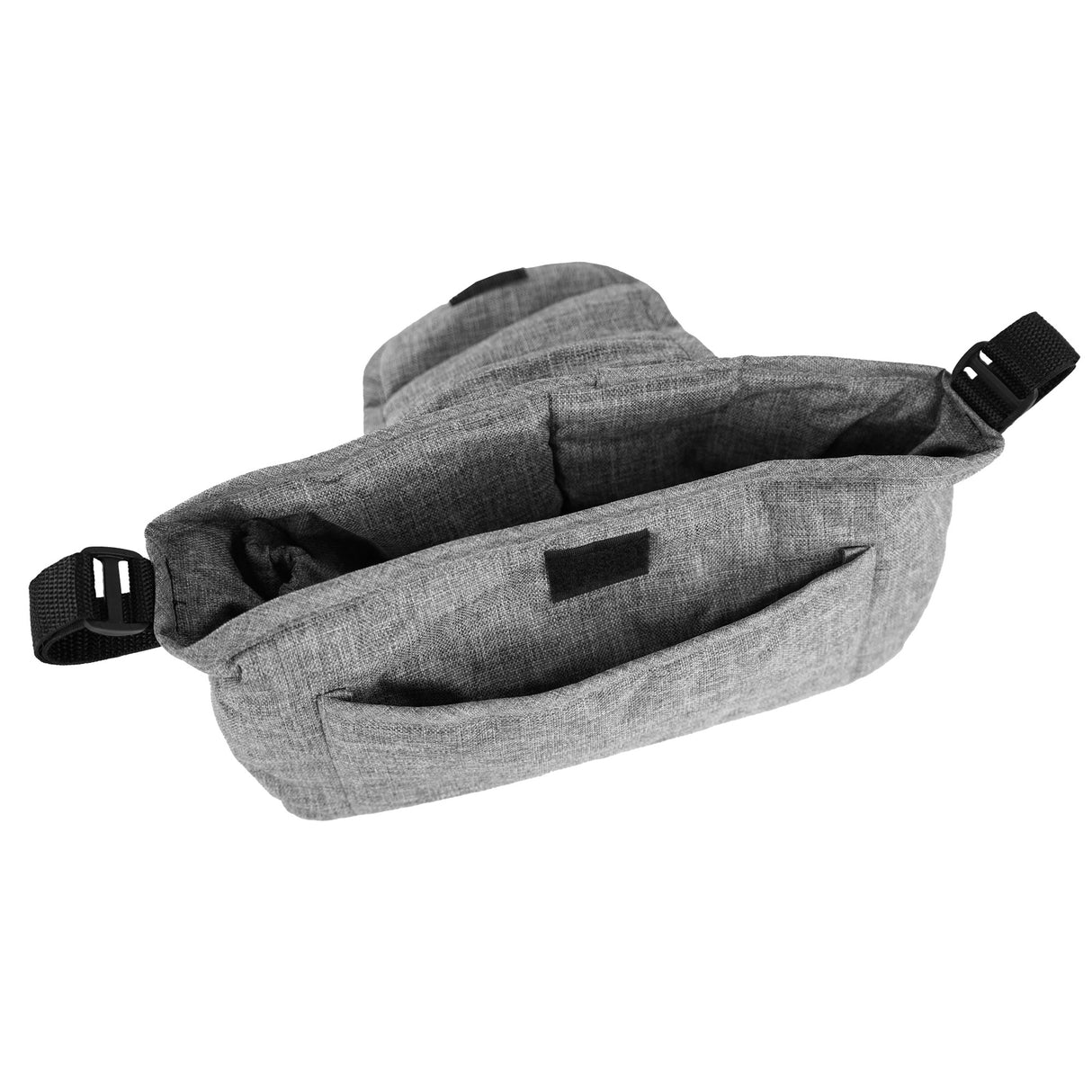 Sac caddy gris tissé pour poussette d'animal, avec plusieurs poches et bretelles ajustables pour un transport pratique et stylé