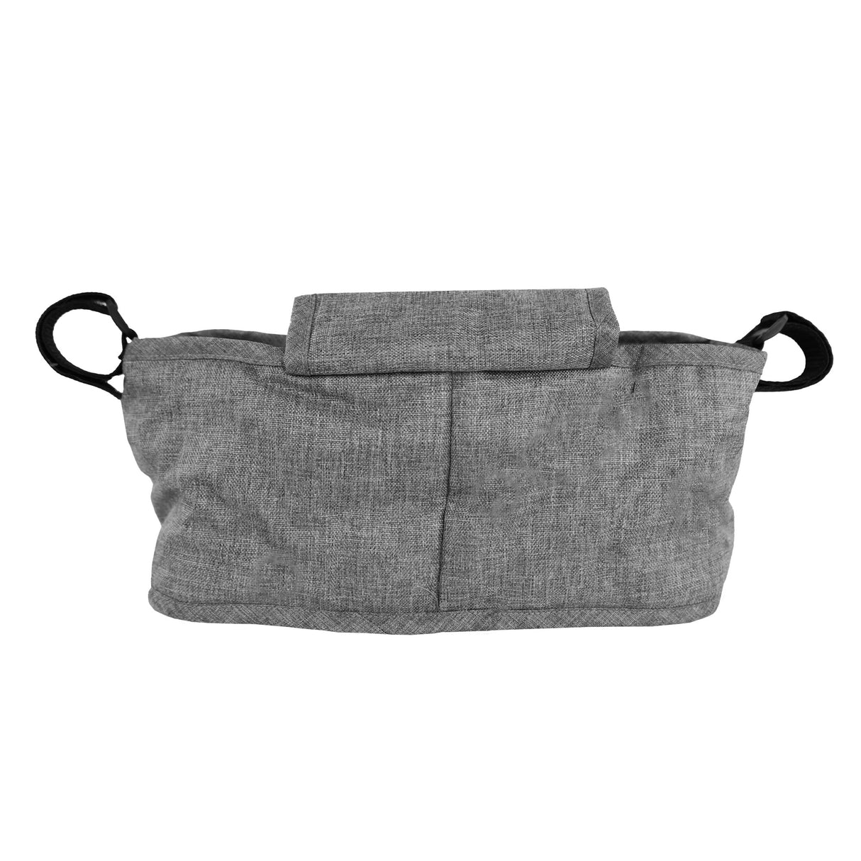 Sac caddy pour poussette d'animal en gris tissé, avec une texture douce et des poignées noires pour un transport facile et pratique