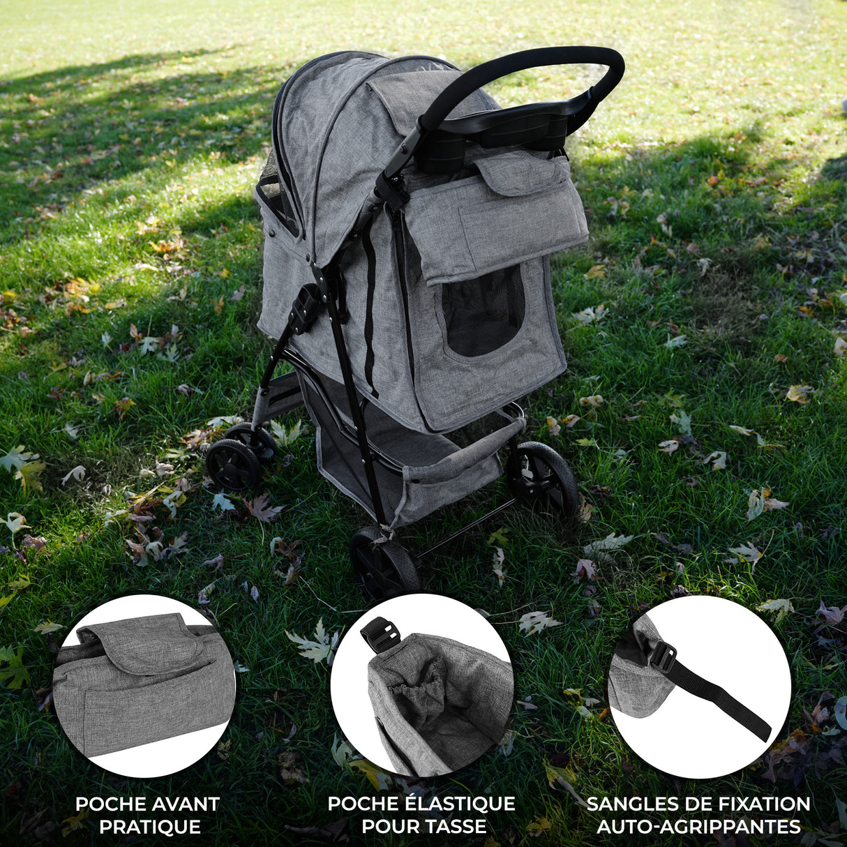 Sac caddy gris tissé pour poussette d'animal, avec poche avant pratique, poche élastique pour tasse et sangles de fixation auto-agrippantes