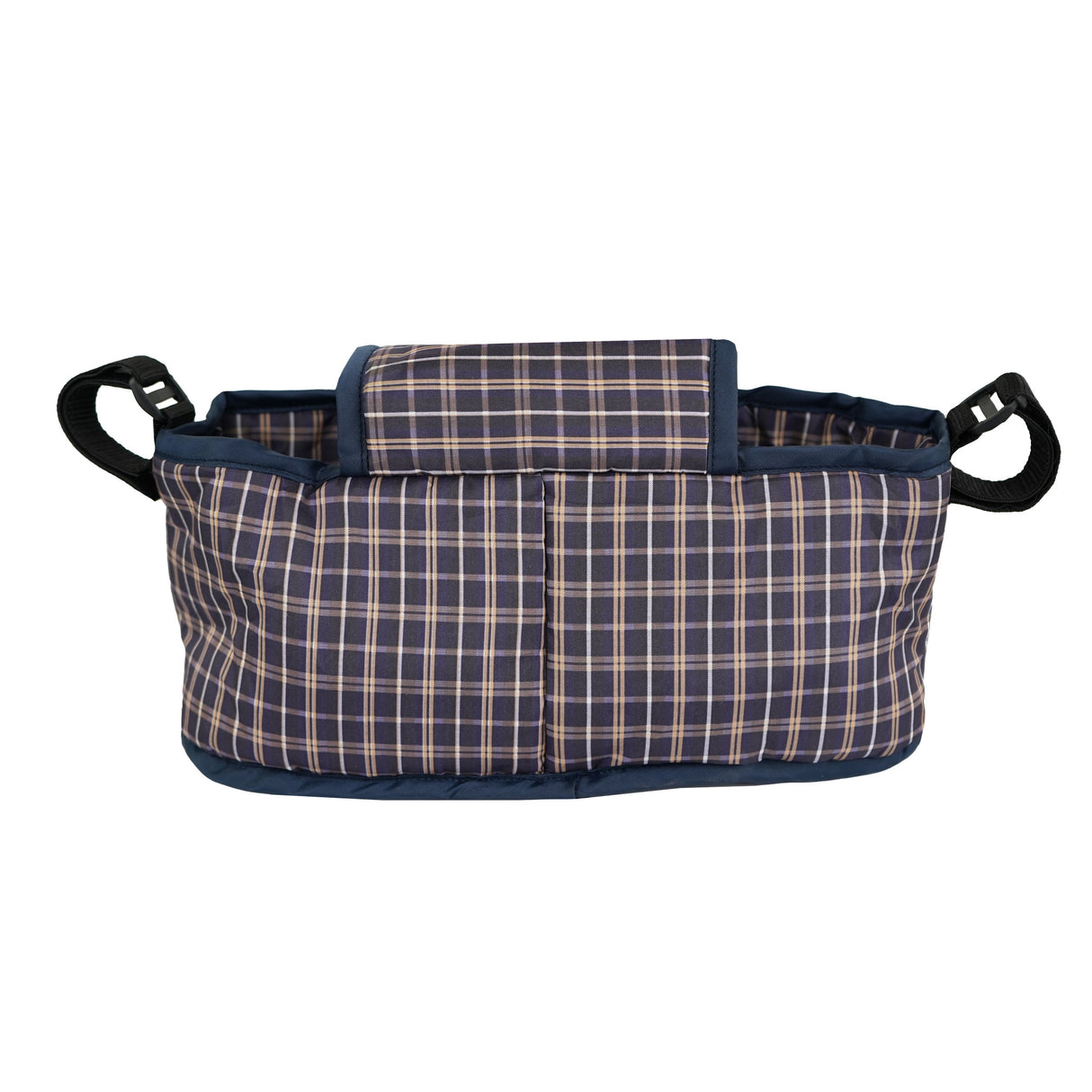 Sac caddy pour poussette d'animal en tartan bleu, avec texture douce, poches pratiques et poignées noires pour un transport facile